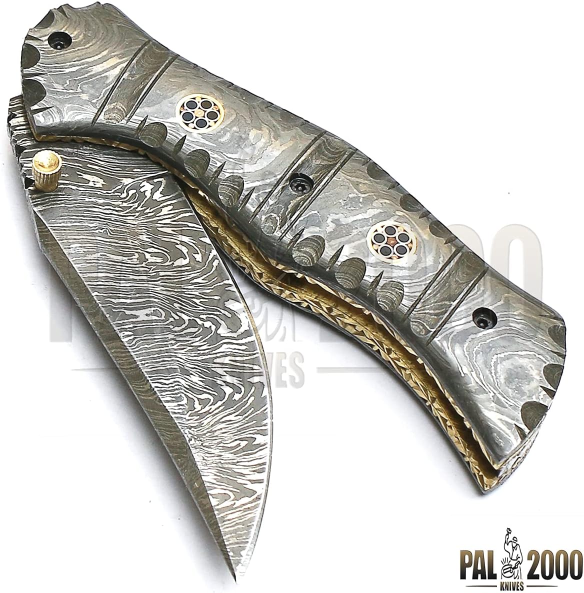 PAL 2000 KNIVES FPK-9020 Custom Handmade Damascus Steel 7.4 Inch Folding Pocket Knife Damascus Handle with Sheath