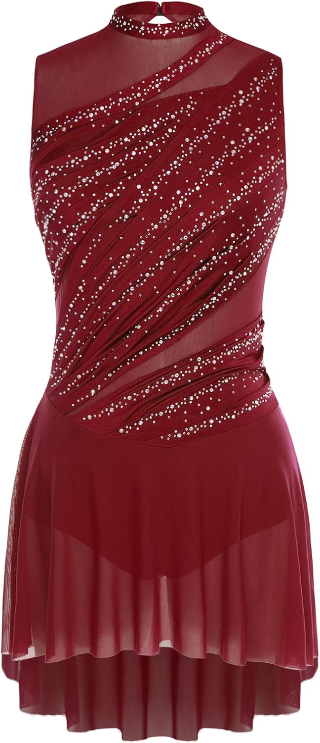 Linjinx Figure Skating Dress for Women Shiny Rhinestone Lyrical Dance Contemporary Leotard Dress