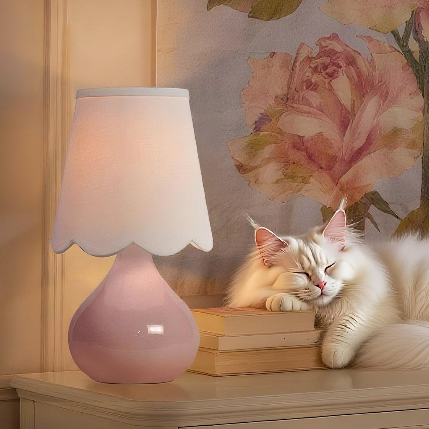 14''H Cordless LED Ambient Table Lamp, Rechargeable Ceramic Bedside Lamp with 3-Level Dimmable Soft Lighting, Linen Shade, Cozy Room Decor for Teens (Pink)