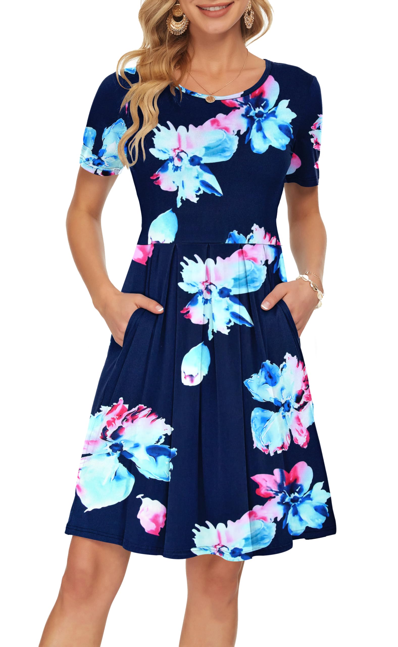 AUSELILY Women's Short Sleeve Pleated Swing Summer Dress with Pockets