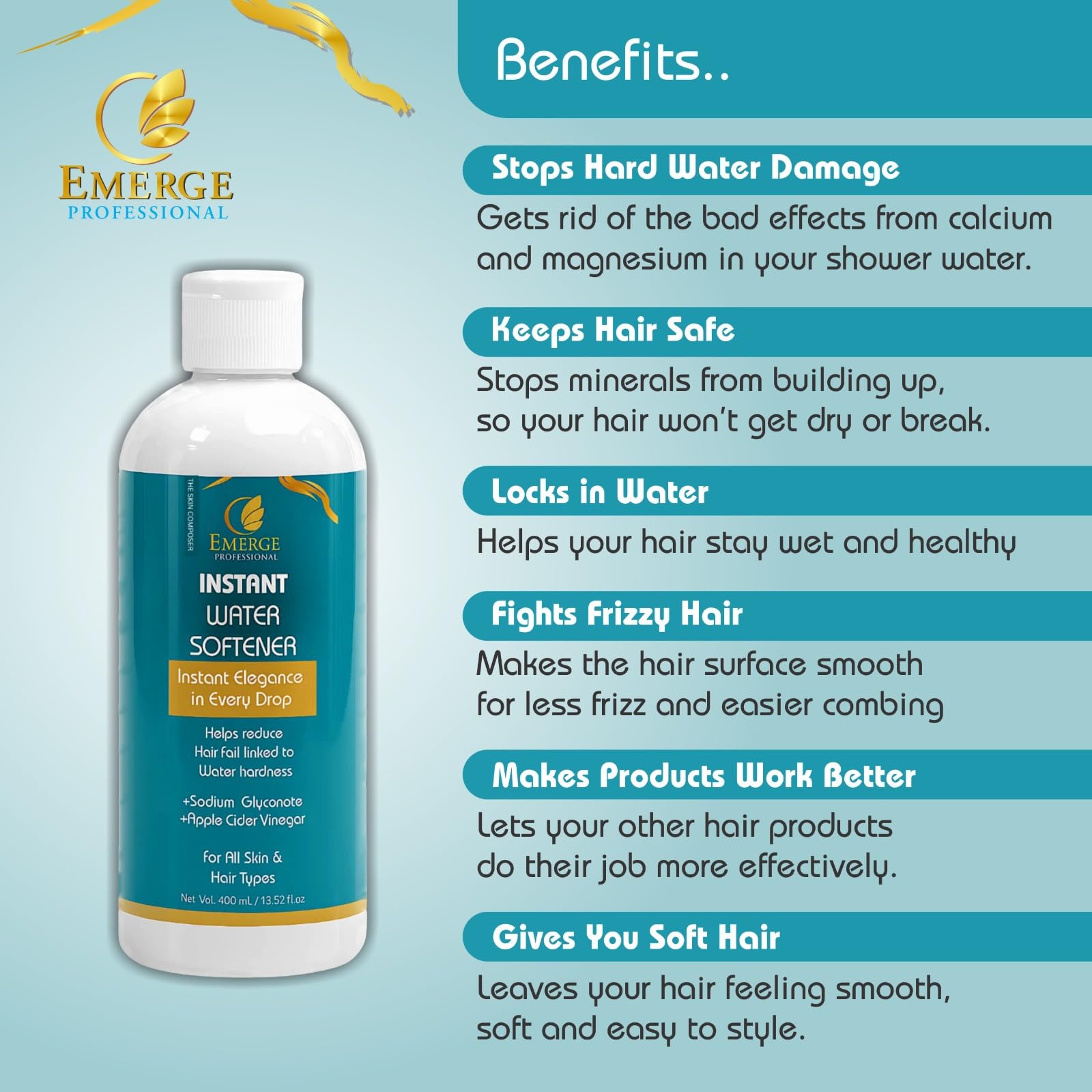 Emerge Professional Instant Water Softener | Hard Water Solution for Hair Fall & Skin Dryness | Enriched with Sodium Gluconate & Apple Cider Vinegar | For All Hair & Skin Types | 400 ml
