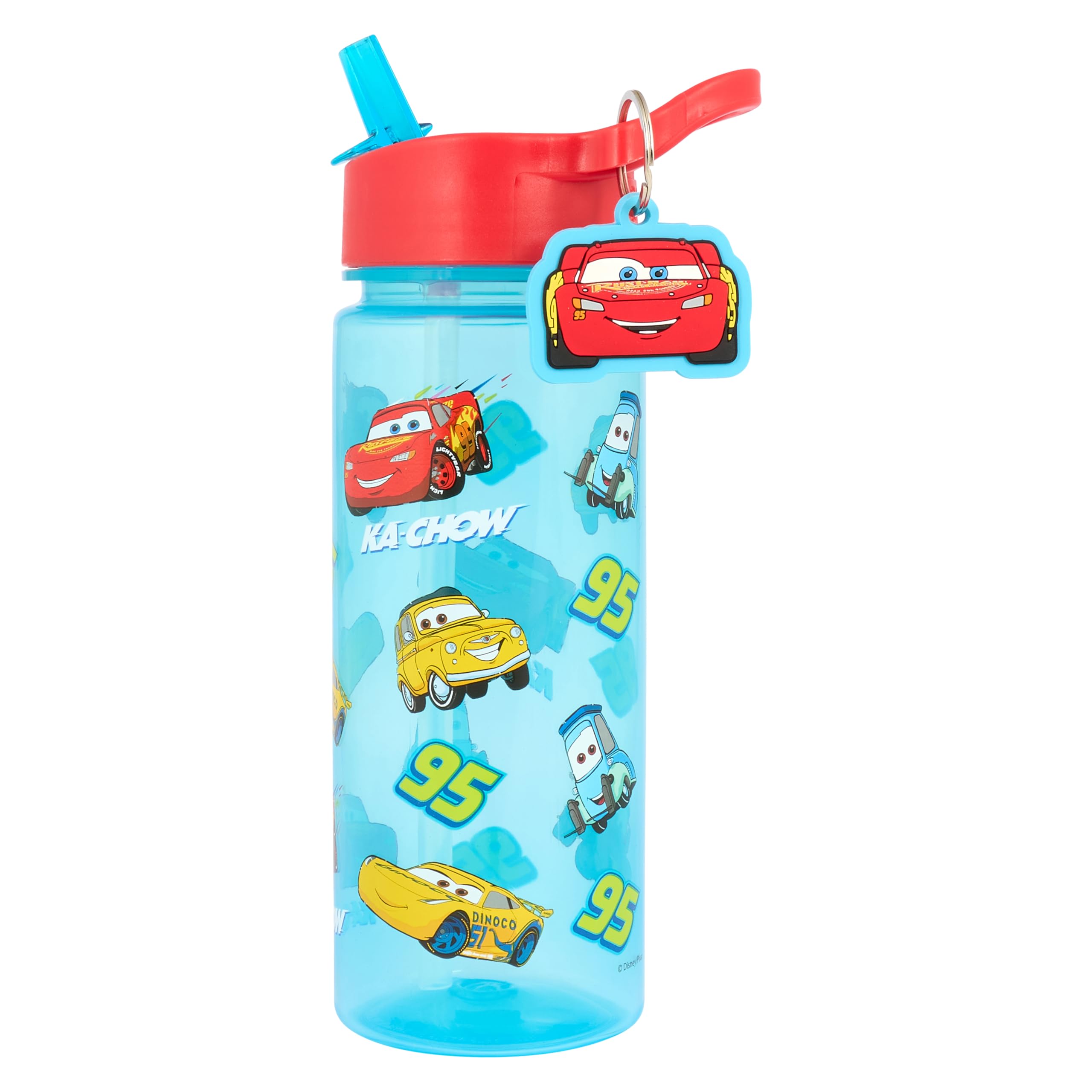 Disney Cars Water Bottle with Straw, Blue, 500ml, Polypropylene, Lightning McQueen Theme with Keyring Charm — image 1