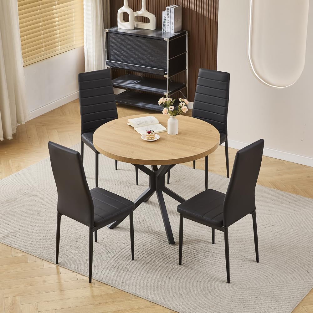 Rainbow Tree Large Round Dining Table and Chairs Set 4, 95cm Wooden Kitchen Table and 4 Chairs, With 4 Black Leather Chairs, 95x95x75cm - Image 3