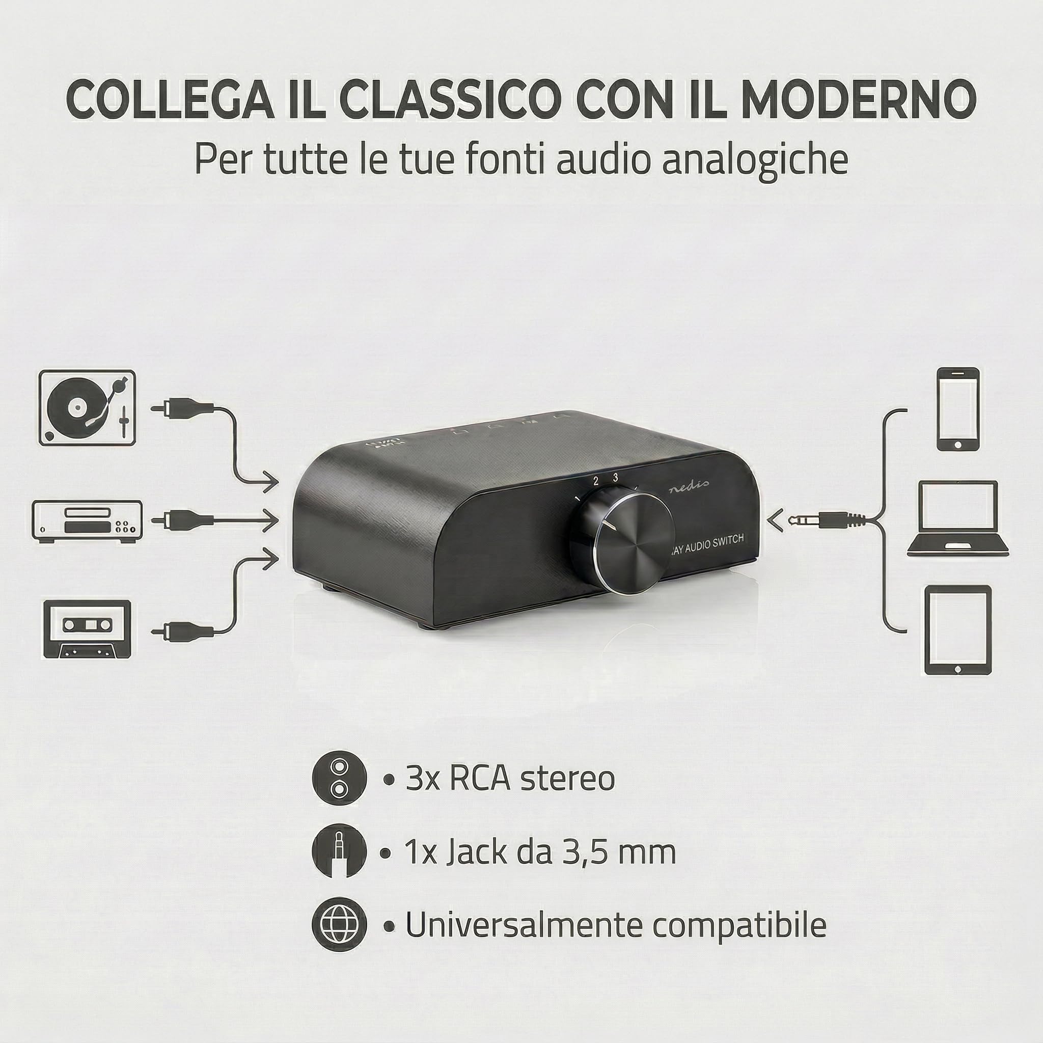 Nedis Interruttore audio analogico | 4 porte porte (s) | Connettori – Ingresso: 1 ingresso audio da 3,5 mm / 3 x (2 x RCA femmina) | Connettori – Uscita: 1 x (2 x RCA femmina) | Manuale | Metallo |