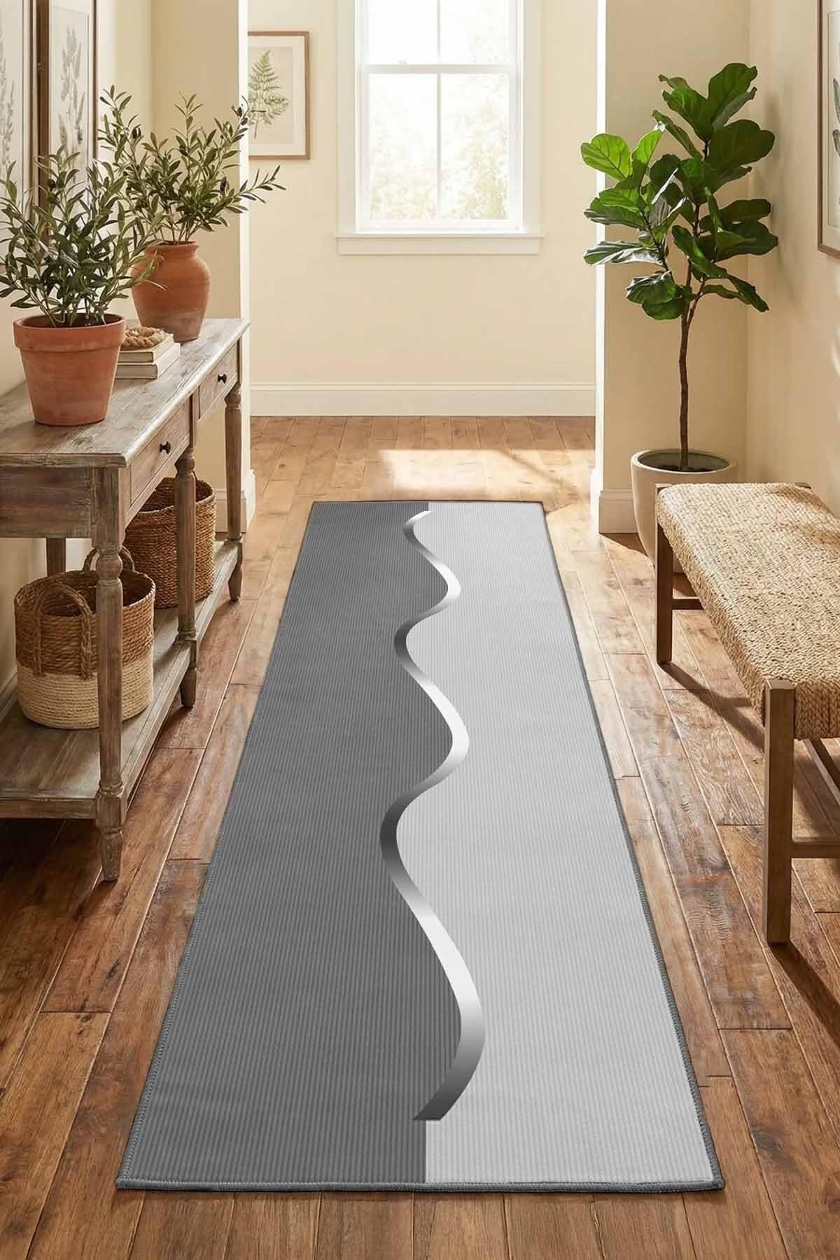 Monnhein Gri Yolluk 1154-2 - Yıkanabilir, Kaymaz Taban, Dijital Baskılı, Leke Tutmaz, İnce Hav, Modern Koridor, Mutfak, Antre ve Salon için Dekoratif Yolluk