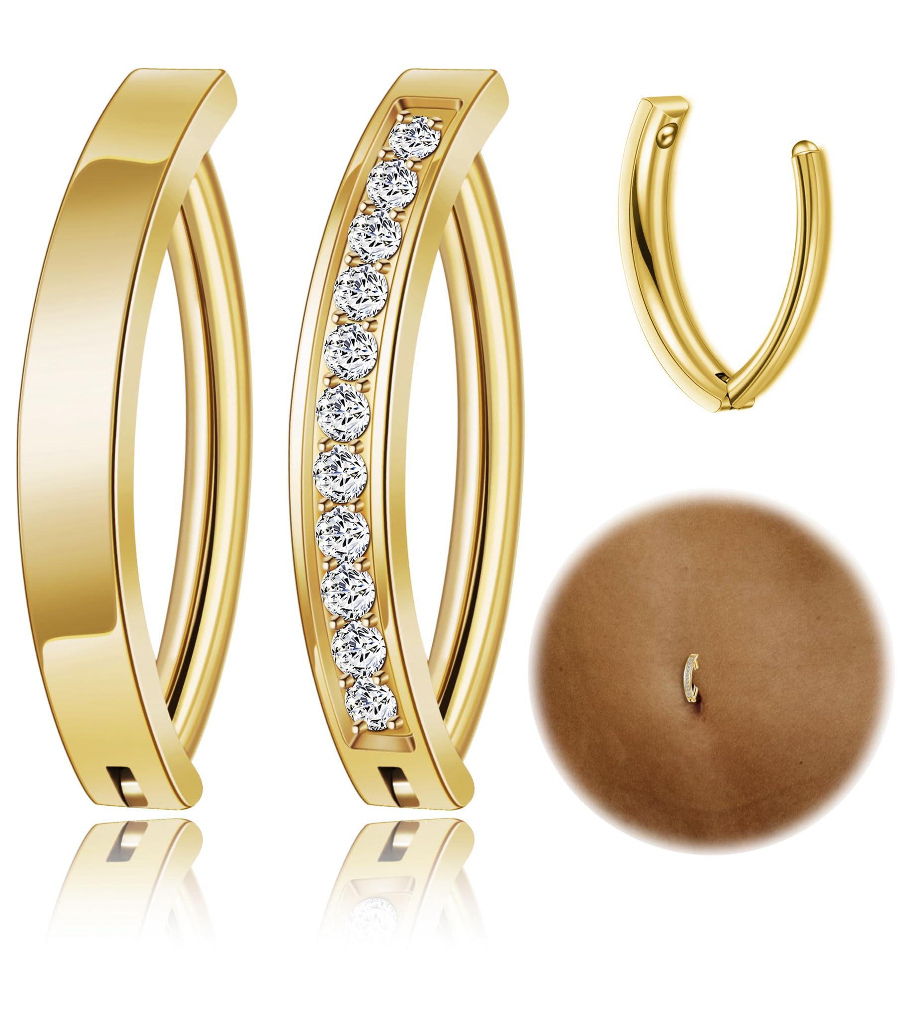 REVOLIA 2Pcs 14G G23 Solid Titanium Clicker Belly Button Rings for Women Hypoallergenic Cliker Belly Rings CZ Simple Reverse Navel Rings Pure Titanium