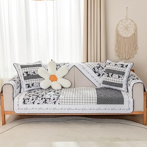 Miniatura 2 de vctops Funda de sofá de algodón suave con diseño de retazos, estilo granja, antideslizante, acolchada, para sala de estar, lavable, protector de