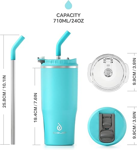 Miniatura 9 de Ideus Vaso aislado con tapa y pajita, de acero inoxidable, de doble pared al vacío, a prueba de fugas, taza de café de viaje, apta para portavasos,