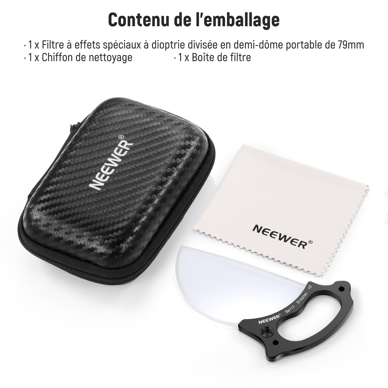 NEEWER 79mm Filtre à Effet Dioptrique Divisé, Filtre à Prisme Demi-dôme avec poignée, 1/4" Trou de vis pour Petit Trépied, Verre Cristal Optique BK9 Semi-Circulaire pour Flou de Premier Plan