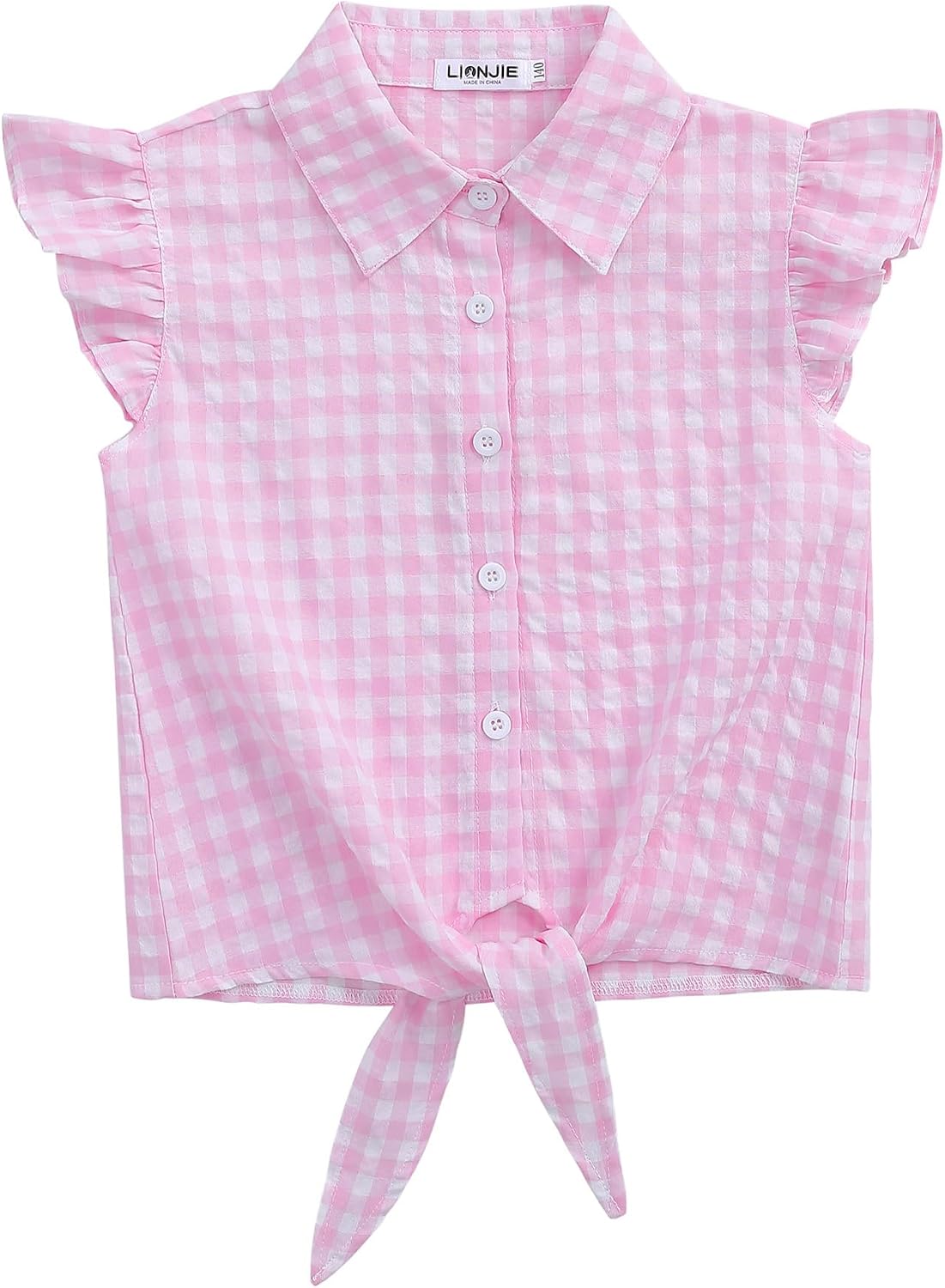 Girls Sleeveless Plaid Button Down Shirt Summer Crop Tops Tie Knot Ruffle Sleeve Shirt Blouse 3-12Y