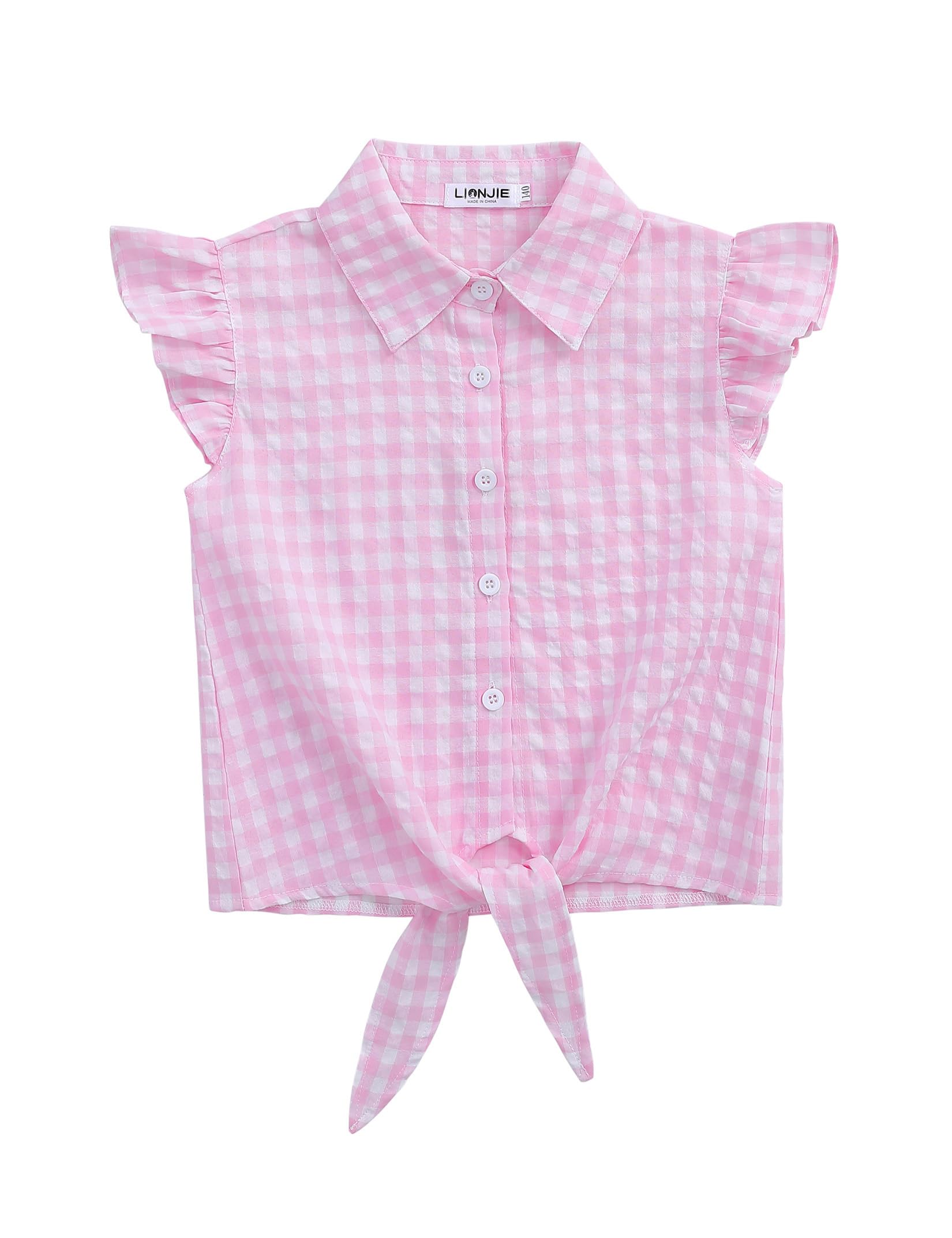 Girls Sleeveless Plaid Button Down Shirt Summer Crop Tops Tie Knot Ruffle Sleeve Shirt Blouse 3-12Y
