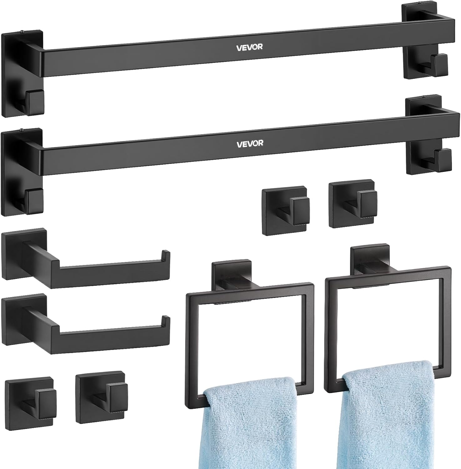 VEVOR Matte Black Bathroom Hardware Set, 10-Piece Bathroom Accessories Set, 2 Stainless Steel 24-in Towel Bars, 2 Towel Racks, 4 Robe Towel Hooks, 2 Toilet Paper Holders for Bath Room, Wall Mounted