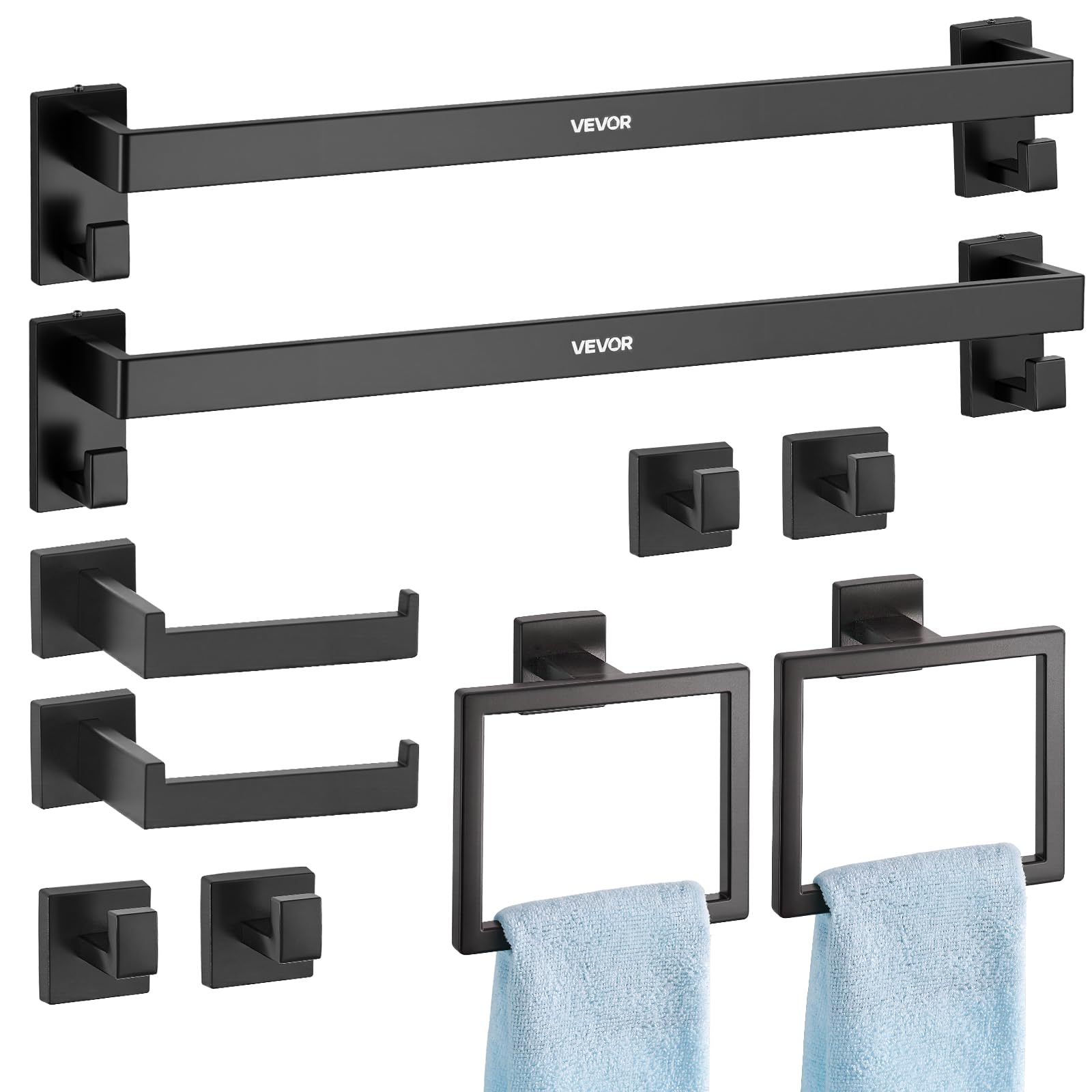 VEVOR Juego de Accesorios de Baño, con 2 Toalleros, 2 Porta Toallas Anillo Cuadrado, 2 Ganchos de 4 Piezas y 2 Portarrollos de Papel Higiénico, en Pared, Negro Mate, 10 uds, 595 x 100 x 80 mm