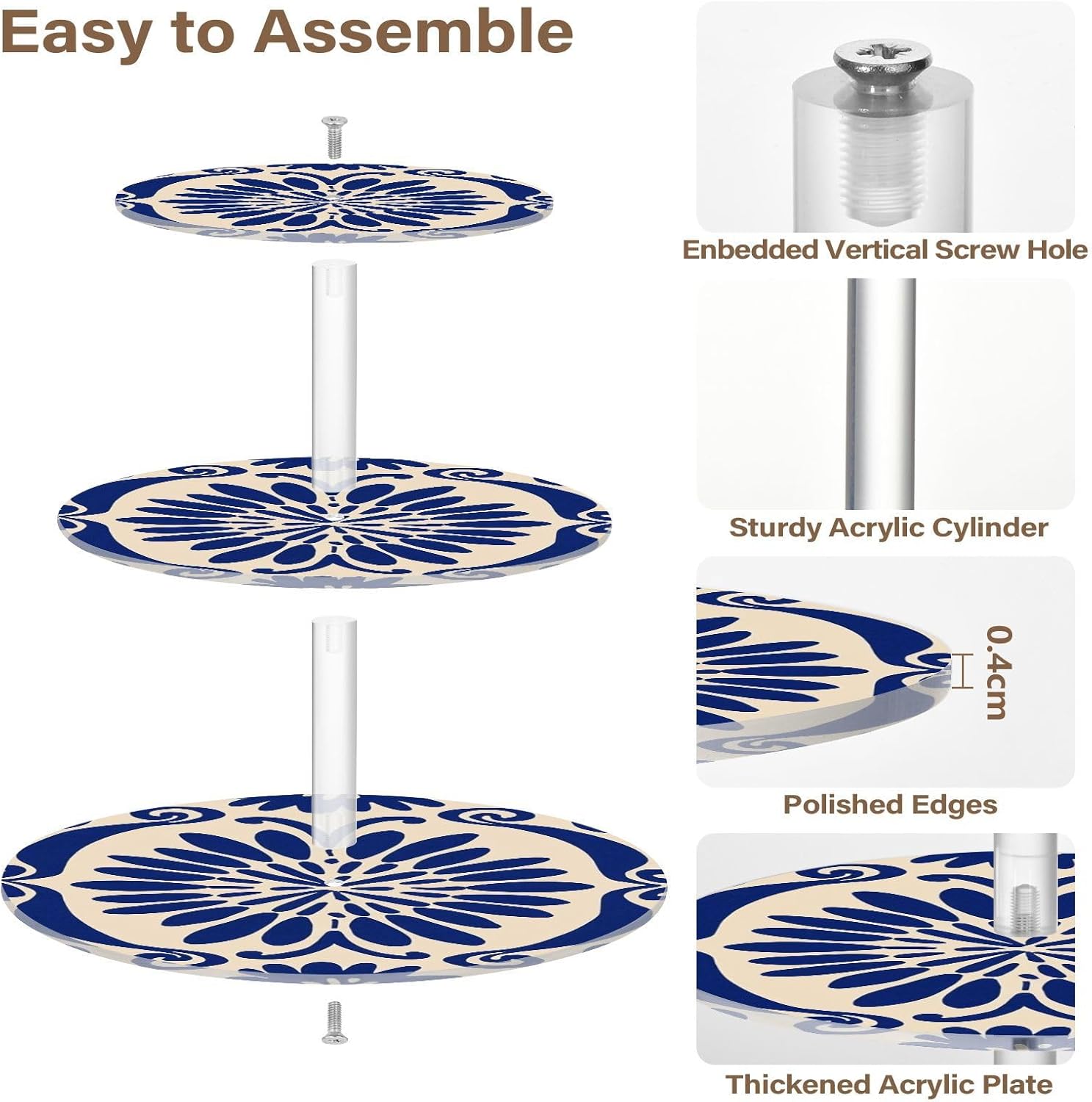 Blue Pattern 3 Tier Acrylic Cupcake Stand, Cupcake Stand for 34 Cupcakes for Weddings, Christmas,Holidays,Parties,Birthday,Printed Cupcake Tower 23102033