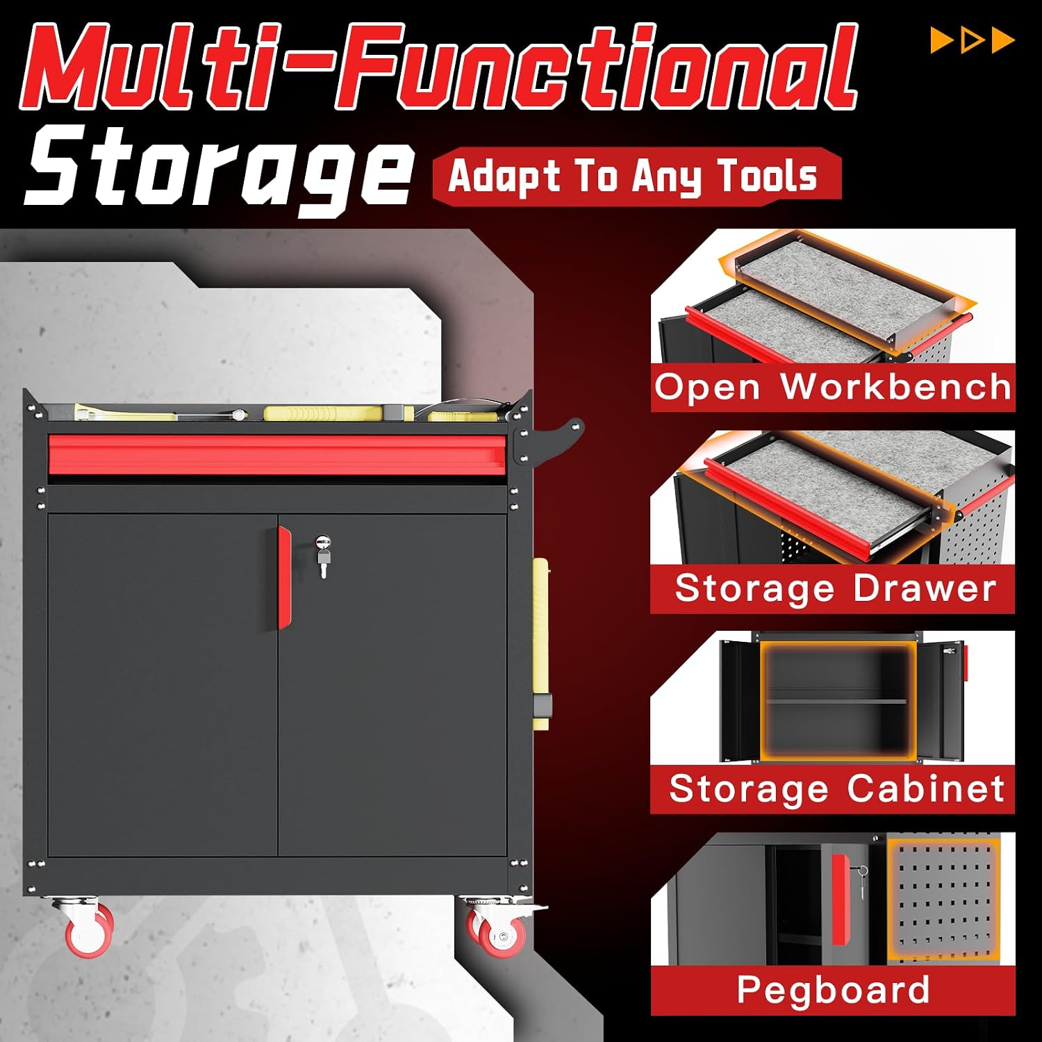 Hak Garage Workbench with Wheels,Rolling Workbench with Drawer & Storage Cabinet,Tool Workbench with Pegboards and Adjustable Shelf,Metal Cabinet for Garage,Warehouse,Repair Shop