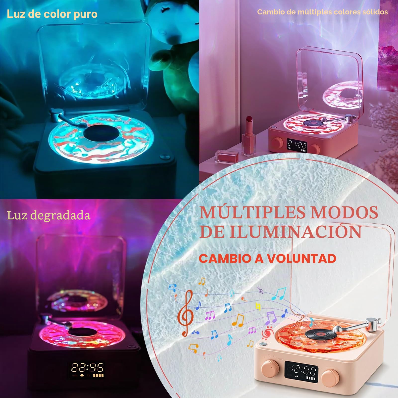 Reproductor de vinilo The Waves Mini altavoz retro de ruido blanco portátil con 4 sonidos de la naturaleza, altavoz portátil de ondas con luz RGB (rosa)
