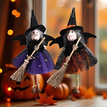 2pcs Halloween Small Witch Decor Halloween Tree Decoration Hanging Ornaments Kitchen Witch Broomstick for Garland, Tiered Tray Home Decor- Clearance