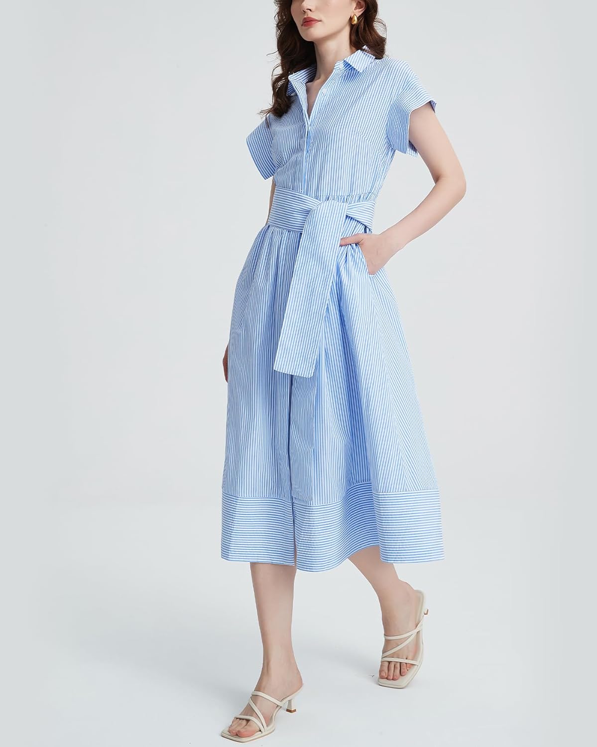 Women's Striped Belted Shirt Midi Dress Casual Short Sleeve Button Down Lapel V Neck A Line Long Dress - Image 2