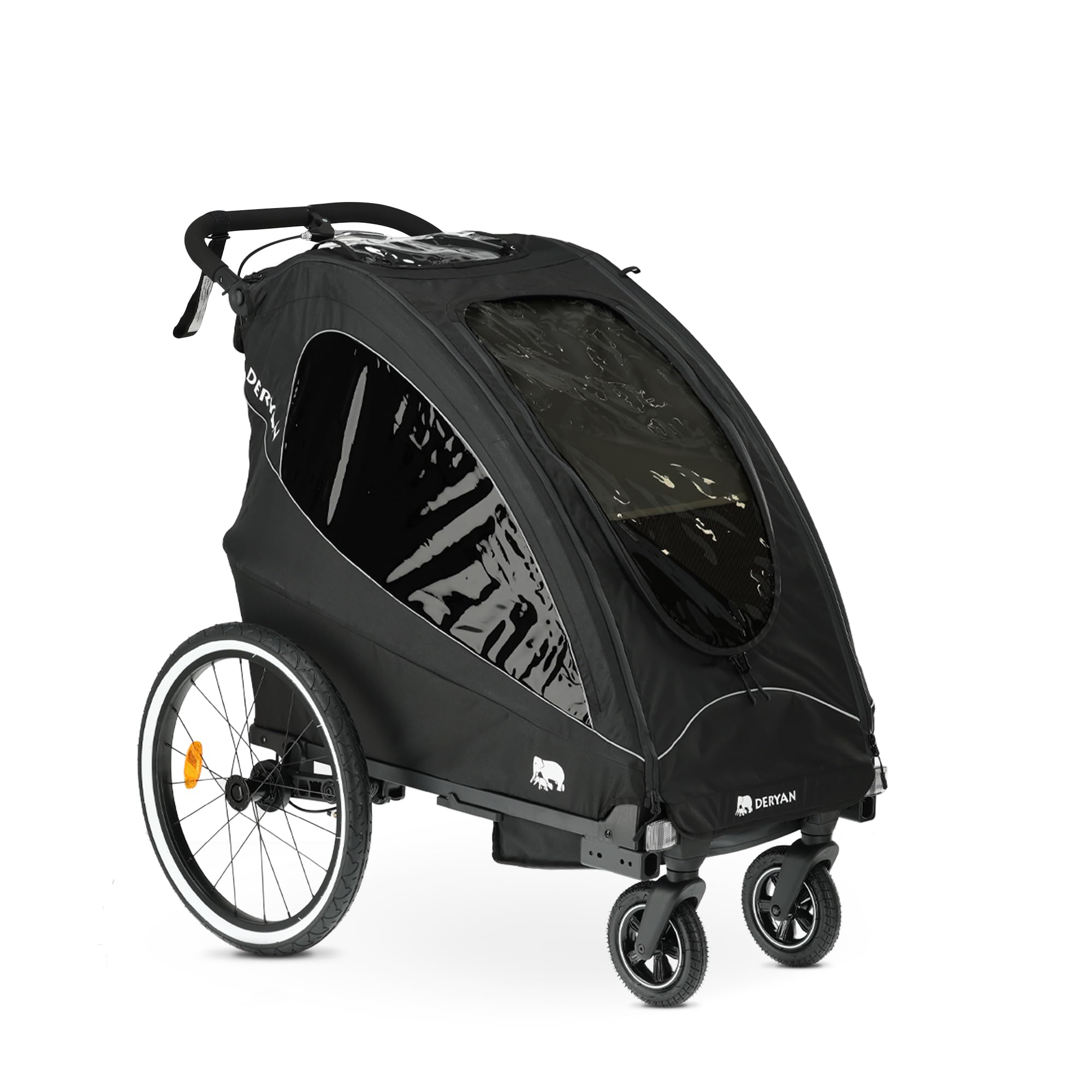 Deryan Luxus 3-in-1 Rimorchio per Bicicletta per 1 Bambini – Rimorchio per Bicicletta, Passeggino & Jogger – Passeggino Multifunzionale con Cintura a 5 Punti – Nero