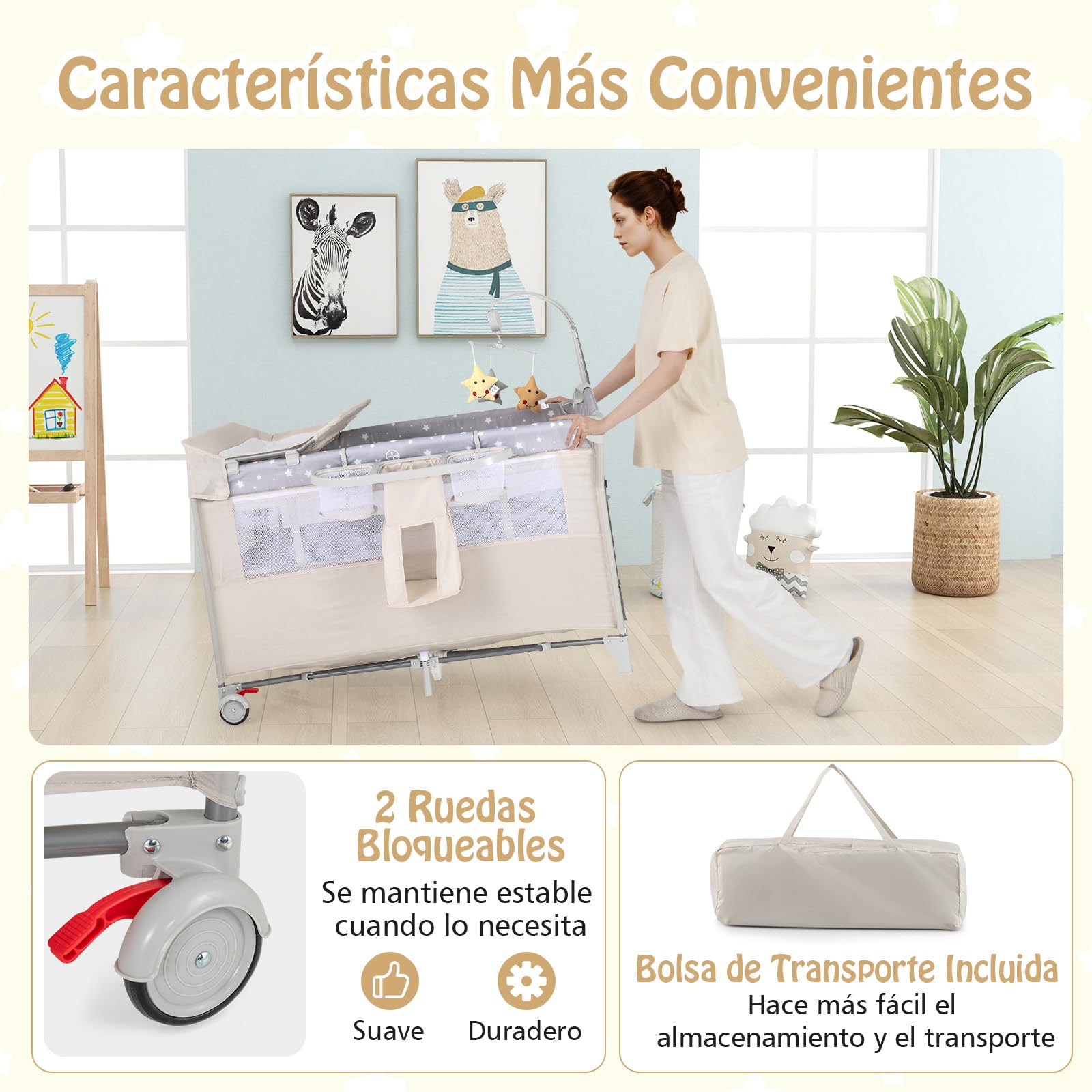 RELAX4LIFE 5 en 1 Cuna Infantil Bebe con 2 Ruedas Bloqueables, Cambiador, Correa Fijación, Caja de Música y 3 Juguetes Colgantes, Cuna con Colchón y Bolsa de Transporte para Bebés 0-36 Meses (Beige)