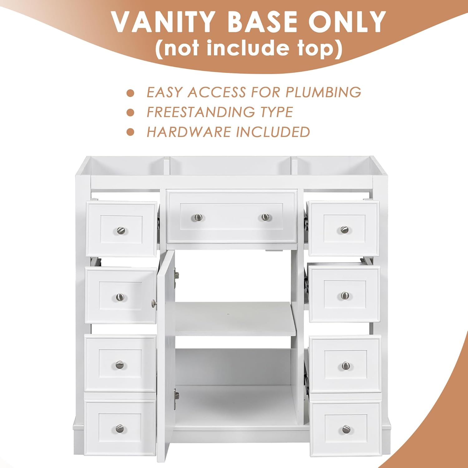 Flieks 36" Bathroom Vanity Without Sink, Cabinet Base Only, One Cabinet and Six Drawers, White
