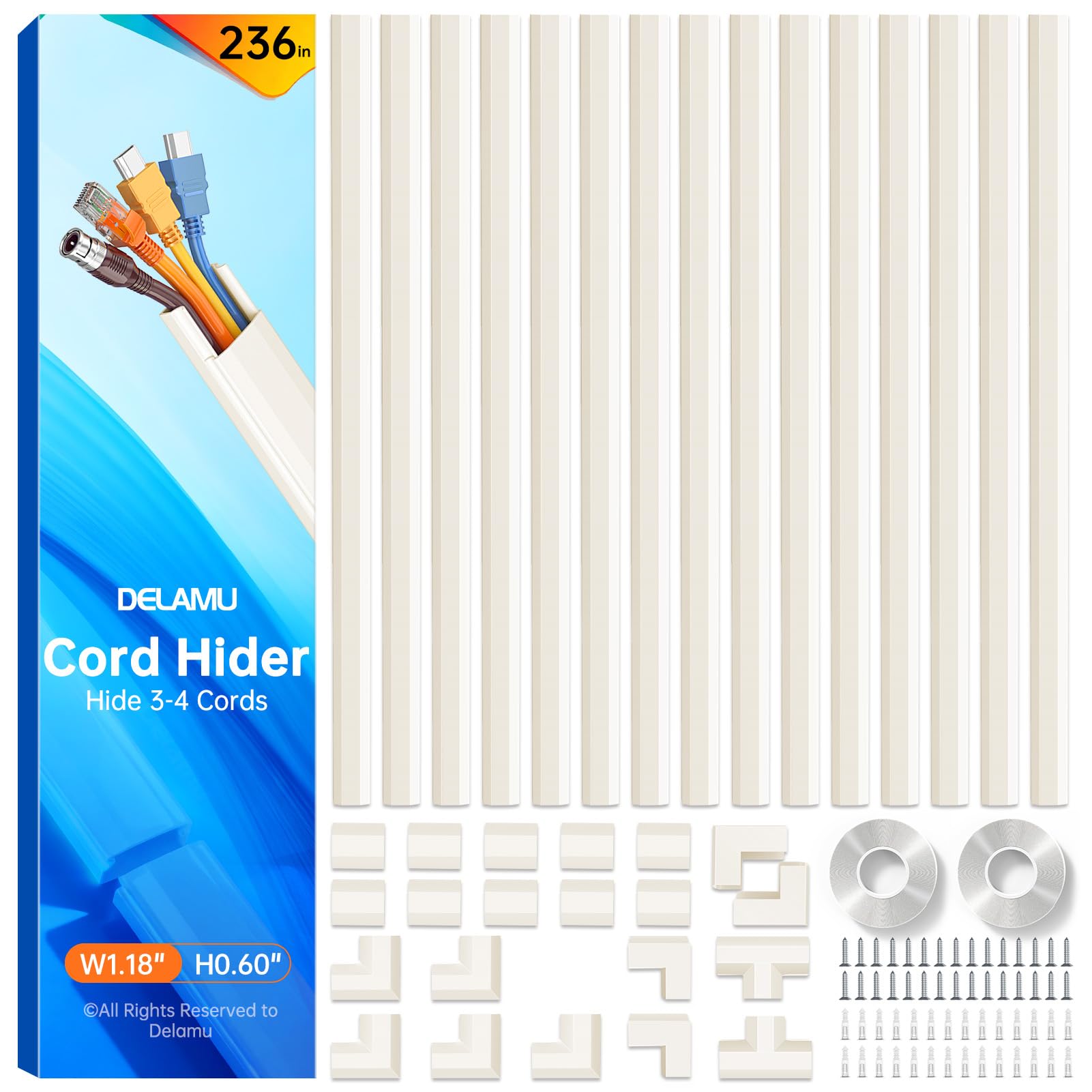 Delamu Cable Trunking, Cable Wall Cover, Paintable Cord Hider to Hide Wires for TV and Computers in Home Office, Beige, 6M, 15 x 400mm L, 30mm W x 17mm H