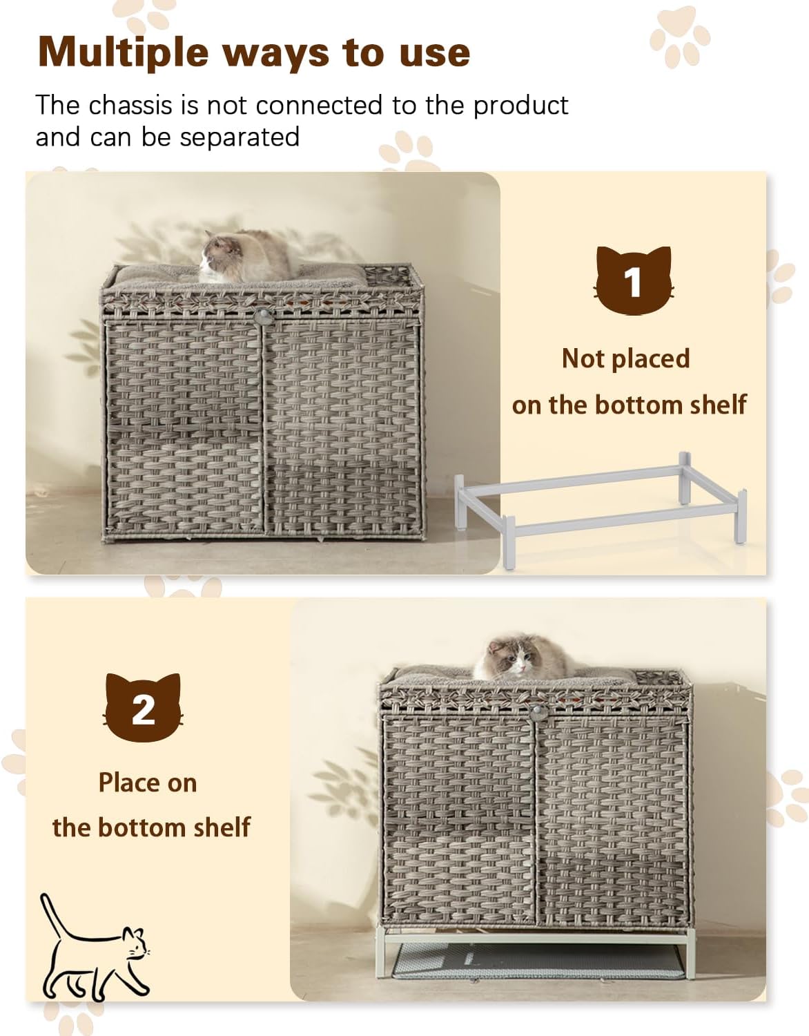 Cat Litter Box Enclosure, Cat Litter Box Enclosure Furniture with Cat Litter Mat, Handwoven Rattan Cat House with Metal Heightened Feet, 30.3×18.3×28 Inches, Living Room, Bedroom（Gray）