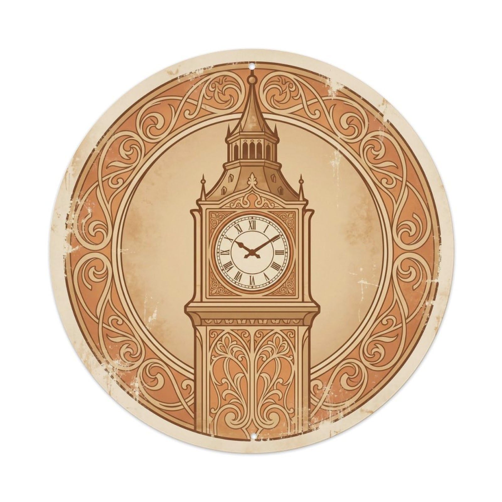 Clocktower Europe Landmark Cartography Vintage Travel Map Metal Tin Sign Plaque Wall Decor for Cafe, Man Cave, Club Bar, Office, Home Garden Round Metal Poster 8x8Inch