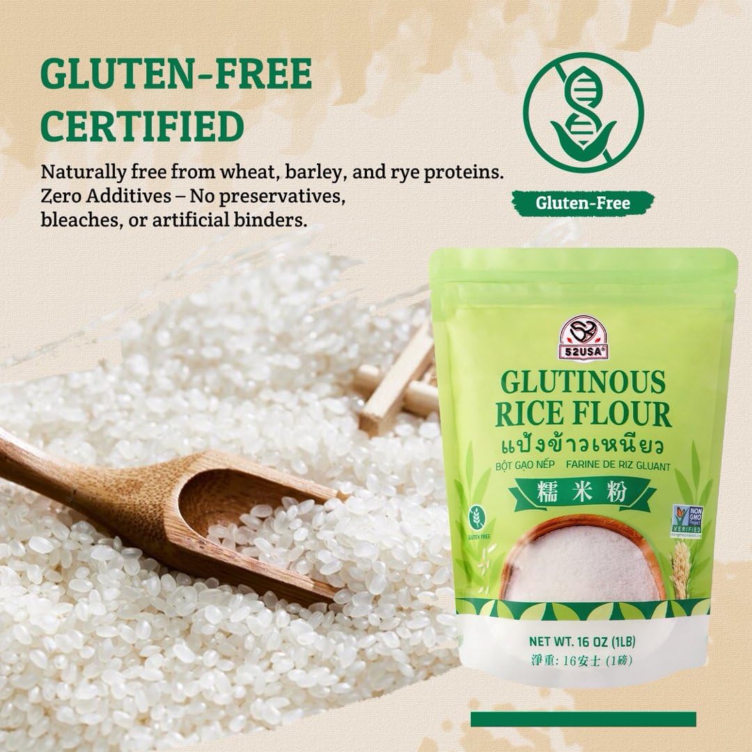 52USA Farine de riz gluante 907,2 g (basique), 0,9 kg (2 pièces), farine de riz pour la cuisson ou la cuisson, produit de Thaïlande, farine de riz blanche entièrement naturelle, végétalienne, avec sac