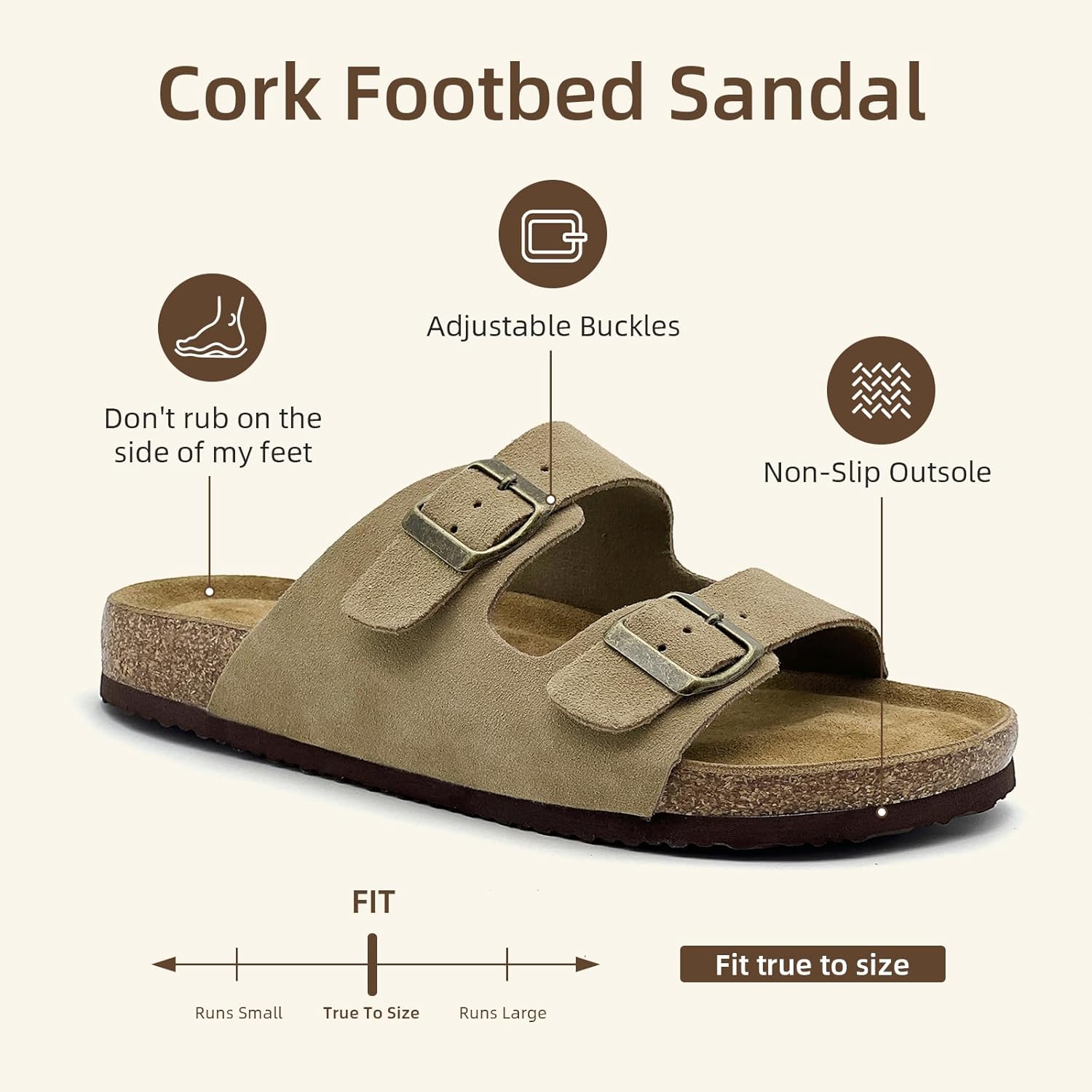 Unisex Two-Buckle Cork Footbed Slide Sandals - Orthotic Arch Support, Non-Slip Sole, All-Day Comfort for Daily Wear, Running Errands, Beach, Pool & Office Casual
