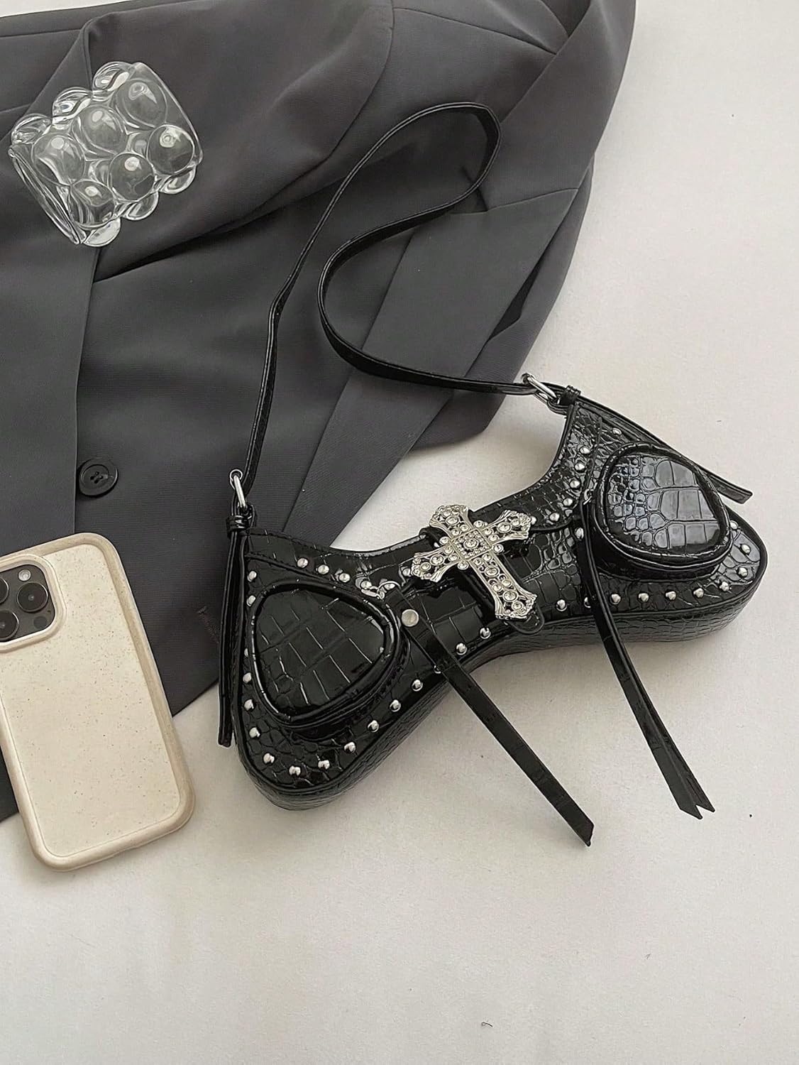 Verdusa Women's Y2k Studded Cross Shoulder Handbags Punk Top Handle Crescent Underarm Bags