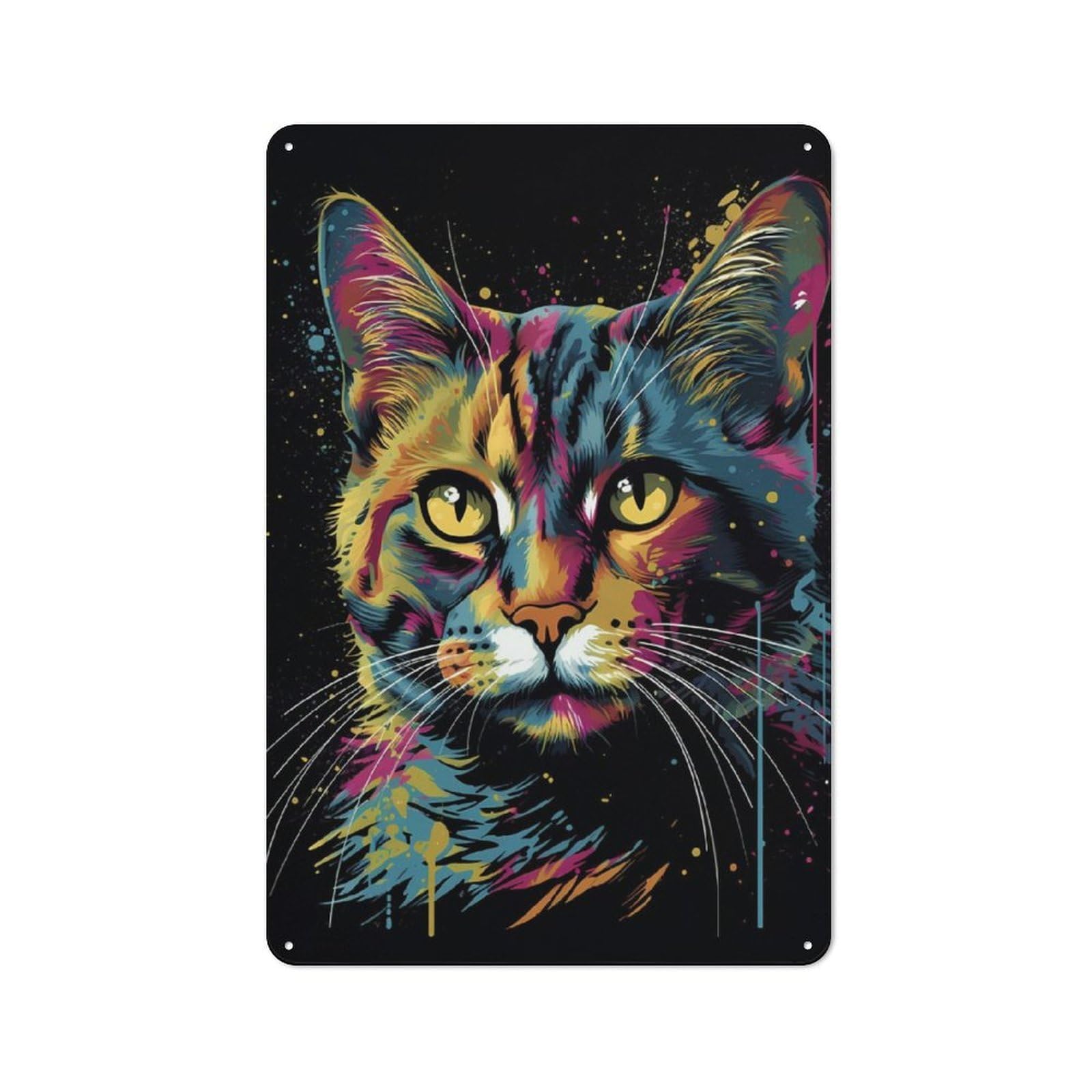 Junmoney Colorful Cat With Drips Tin Wall Plaque 30X20cm With For Café Or Home Bar, For Themed Room Decoration, For Living Room And Hallway Decor