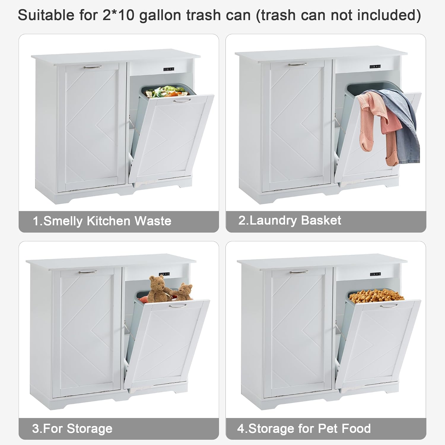 VECELO Double Tilt Out Kitchen Trash Bin Cabinet Dog Proof Garbage Can with Wood Holder Free Standing Recycling, White