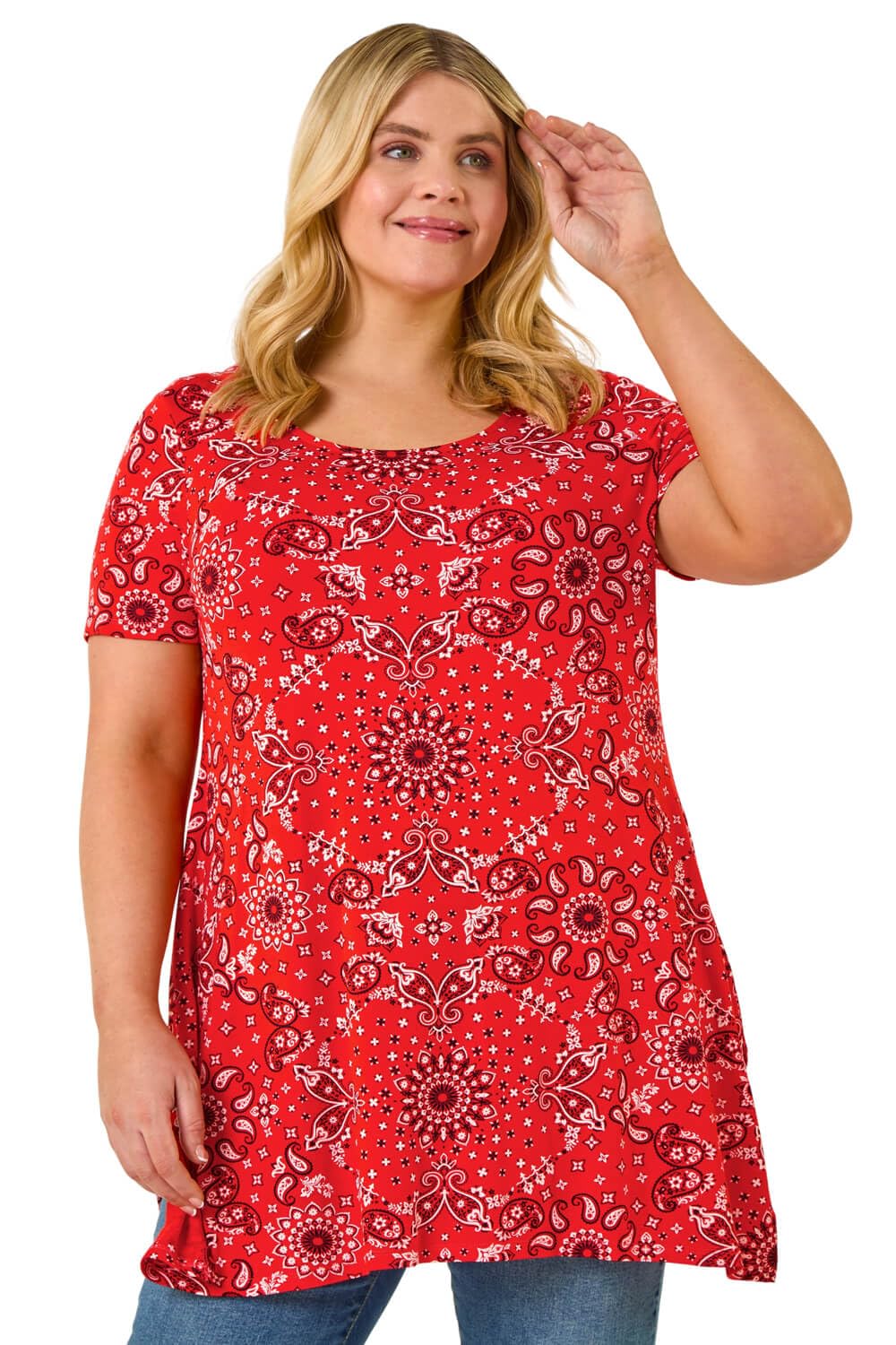 Roman Women's Orange Curve Paisley Back Bar Stretch Tunic Top In | Size: 20