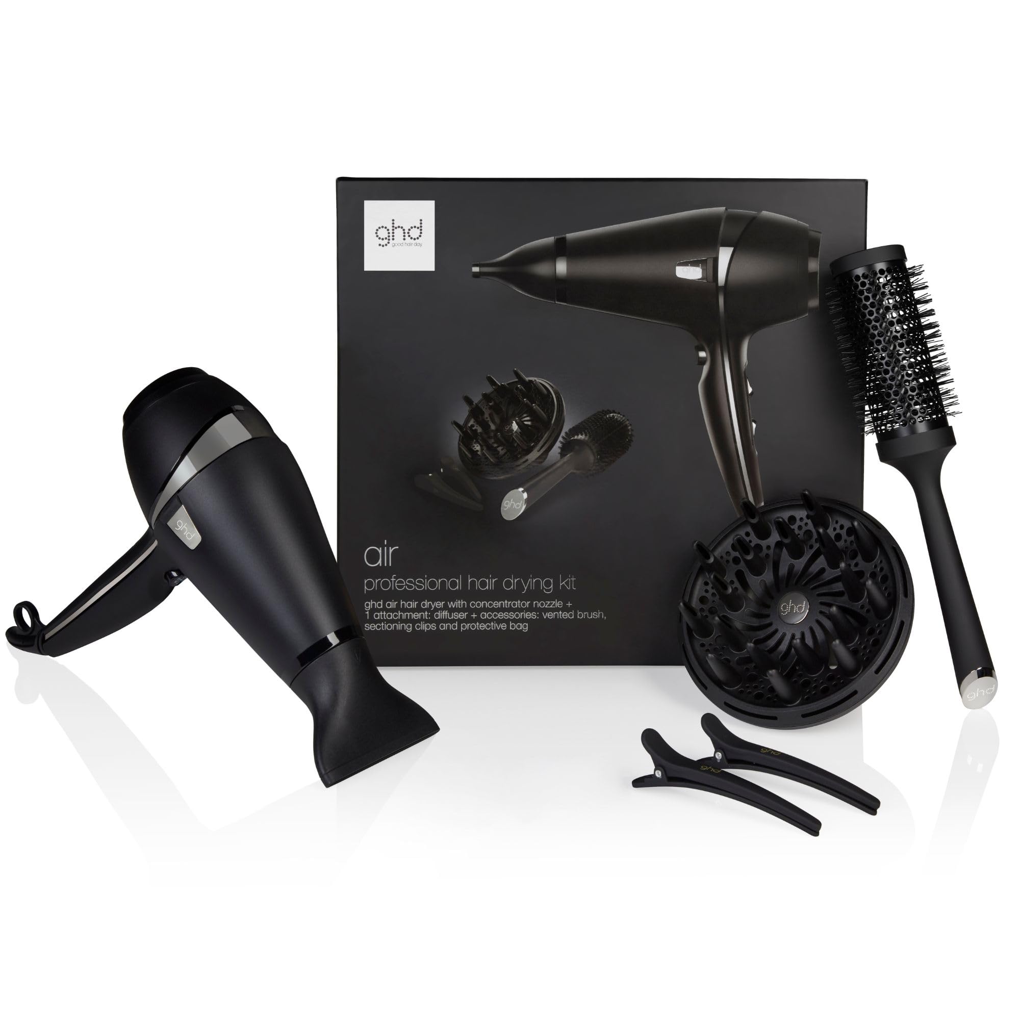 ghd - Coffret sèche-​cheveux ghd Air - Sèche-​cheveux professionnel (Noir) - Brosse, Diffuseur et Pinces inclus - Séchage et coiffage rapide - Réduit les frisottis - Idéal pour tous types de cheveux