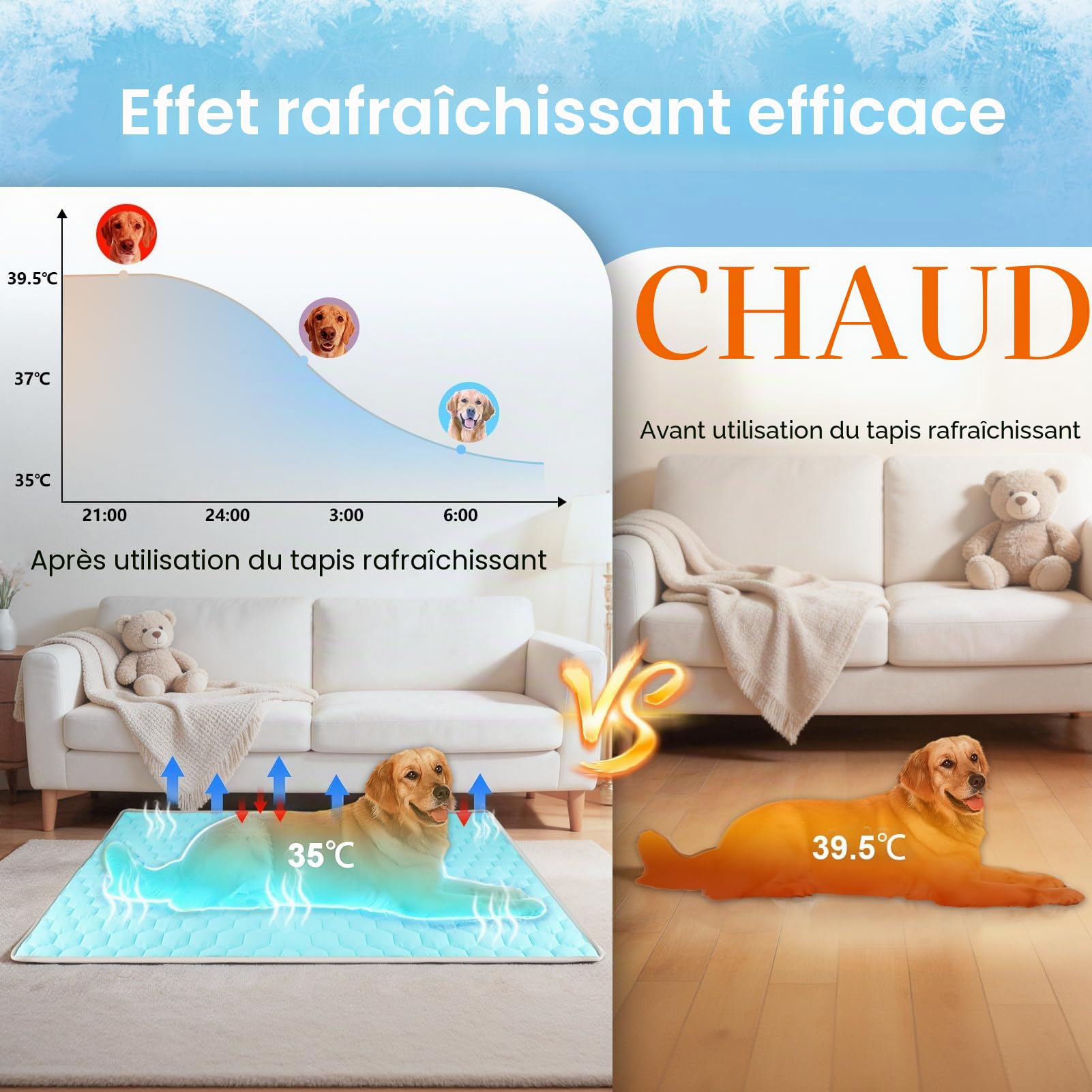 Vivifying Tapis rafraîchissant Chien 152 x 101 cm, Couverture Chien imperméable réversible en Soie glacée & Velours, Auto-refroidissant, Lavable, été/Hiver, canapé, lit, Cage, Sol, Auto (Bleu/Gris)