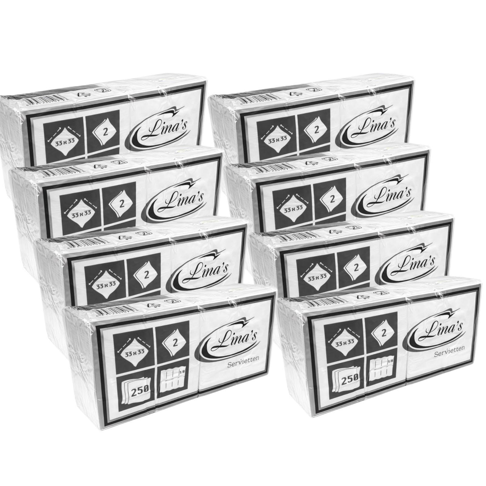 Servietten 33x33 cm Weiß – 2-lagig, 1/8 Falz – 8 x 250 Stück (2000 Servietten) – Gastronomie & Event