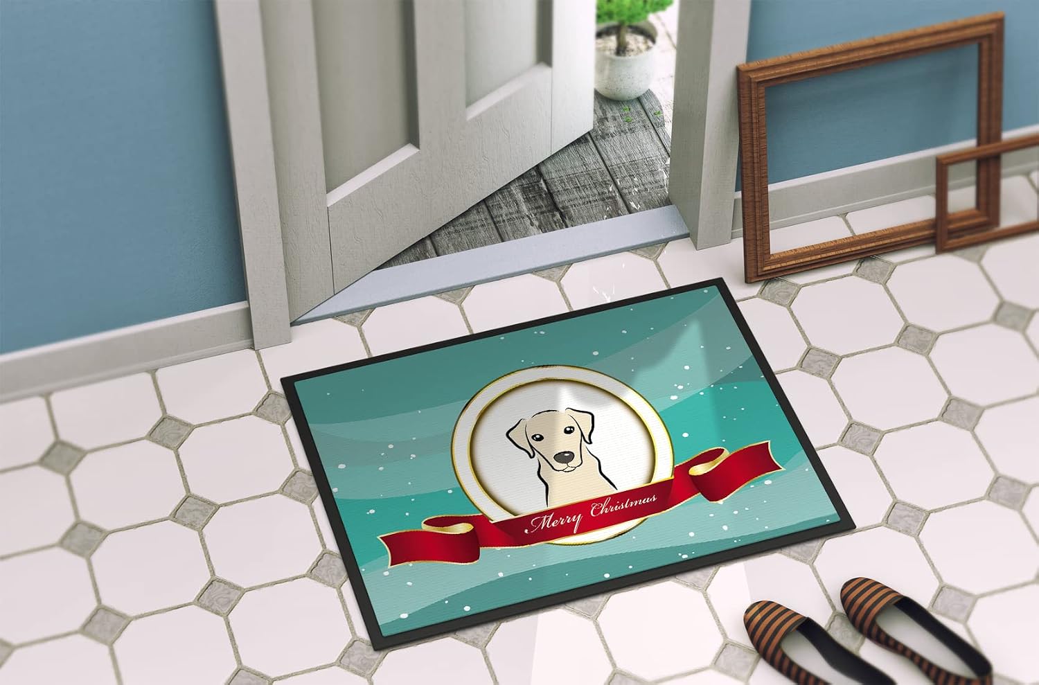 Caroline's Treasures BB1532JMAT Yellow Labrador Merry Christmas Doormat 24x36 Front Door Mat Indoor Outdoor Rugs for Entryway, Non Slip Washable Low Pile, 24H X 36W