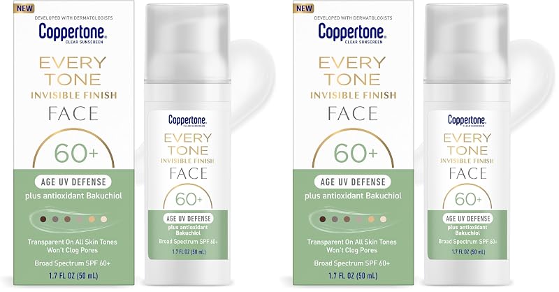 Protetor solar facial Coppertone Every Tone Invisible Finish SPF 60+ com Bakuchiol, 50 mL, Pacote com 2