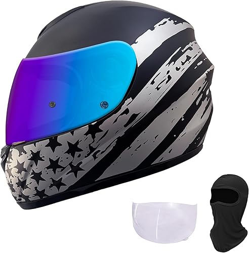 KRN Casco de motocicleta de cara completa con visera de color aprobado por DOT, casco, pasamontañas y visera transparente con estrella