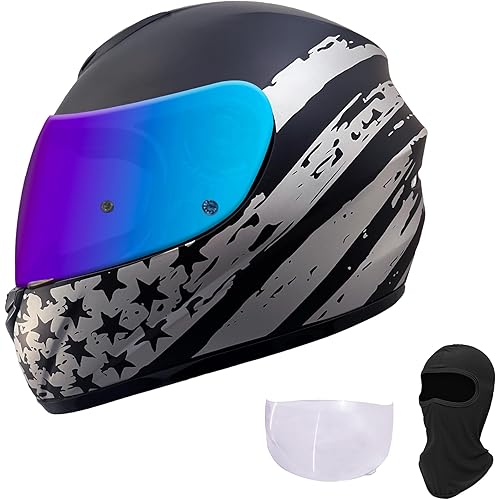 KRN Full Face Motorcycle Motorbike Helmet with Color Visor DOT Approved- Helmet & Balaclava & Clear Visor Star