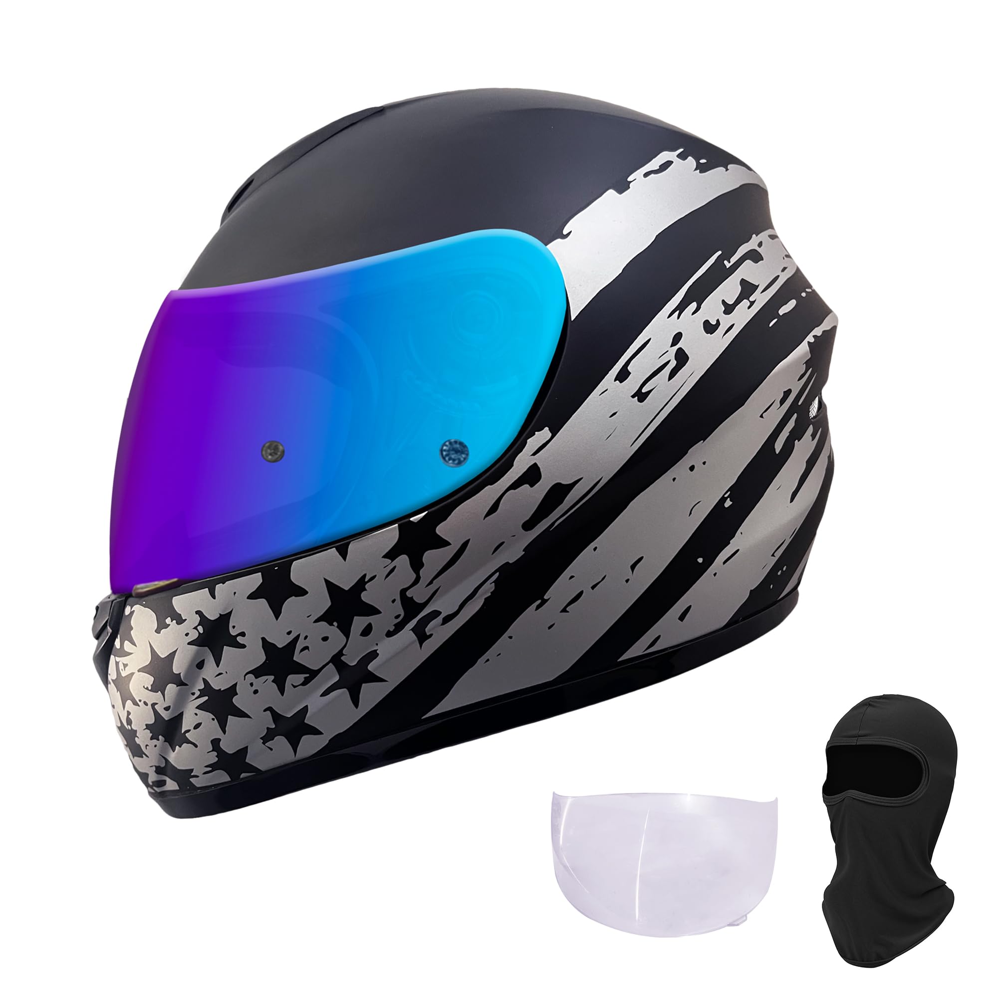 KRN Full Face Motorcycle Motorbike Helmet with Color Visor DOT Approved- Helmet & Balaclava & Clear Visor Star