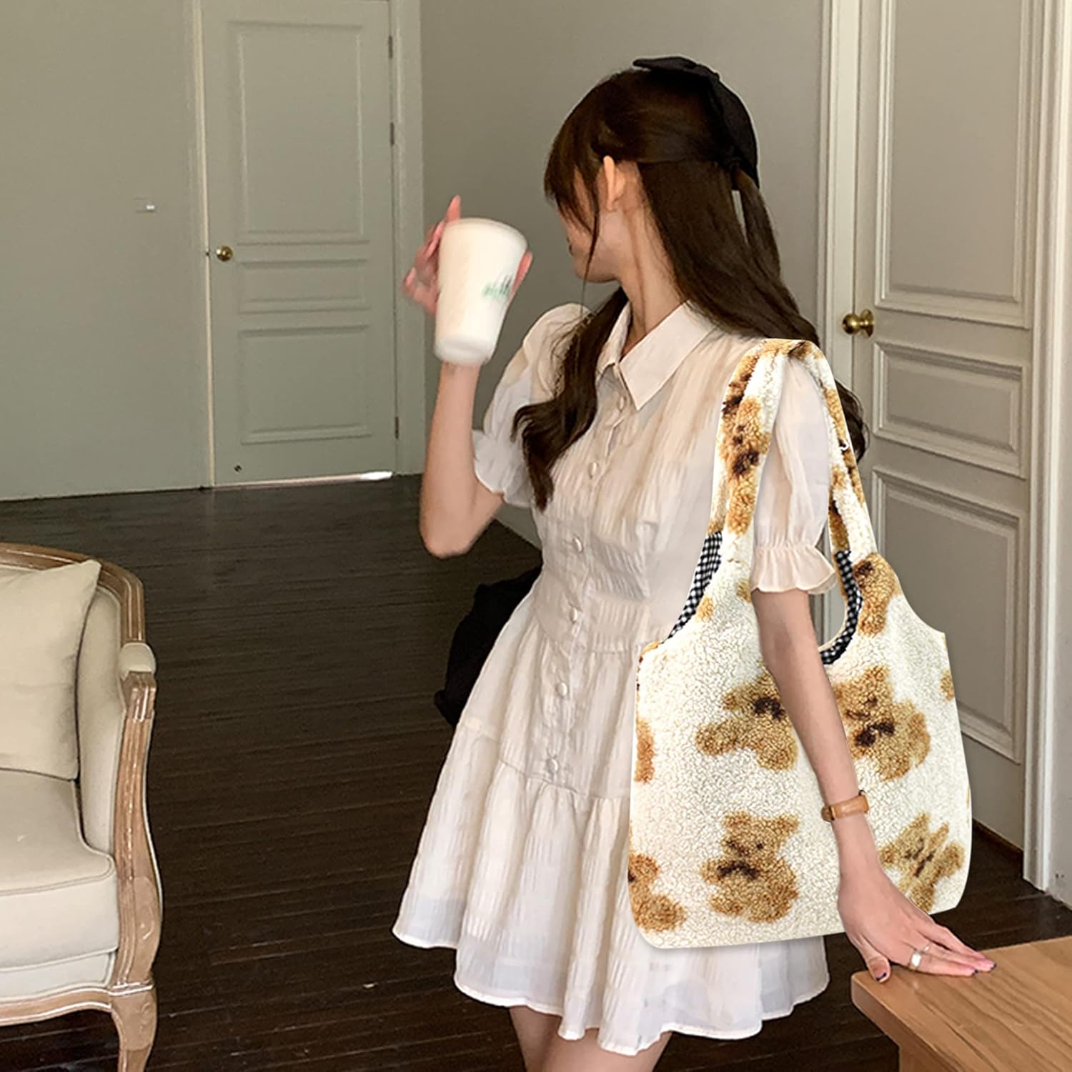 Women Ladies Cute Bear Plush Shoulder Bag Large Tote Handbag Purse Faux Fur Shopping Dating Bag | Cute Bear, Large, Shopping, Dating, Bag - Image 3