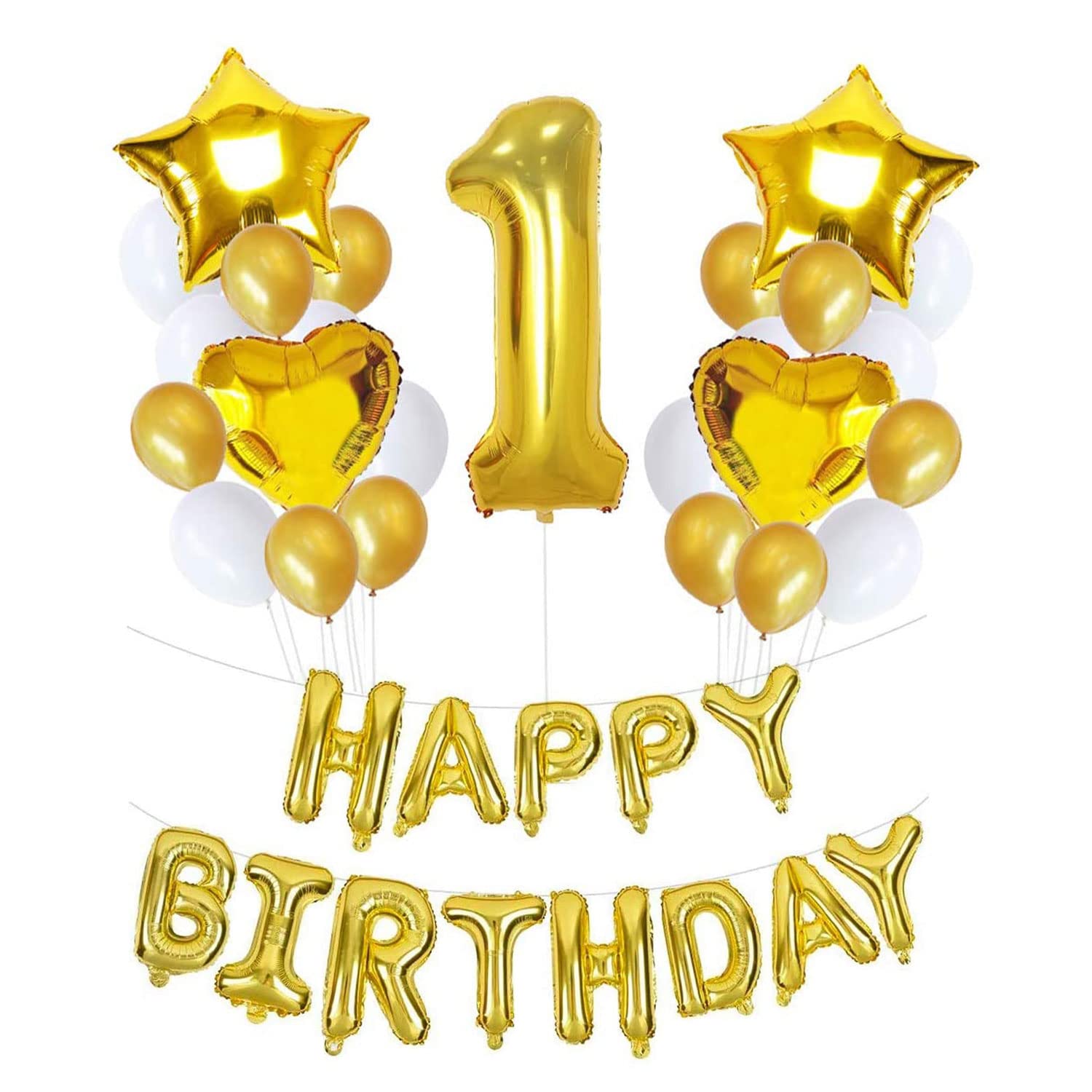 Trimming Shop 40" Gold Number 1 Balloon, Inflatable Happy Birthday Foil Balloons for 1st Birthday & Anniversary Party Decoration, Large Digit 1 Balloon with White Gold Latex Balloons