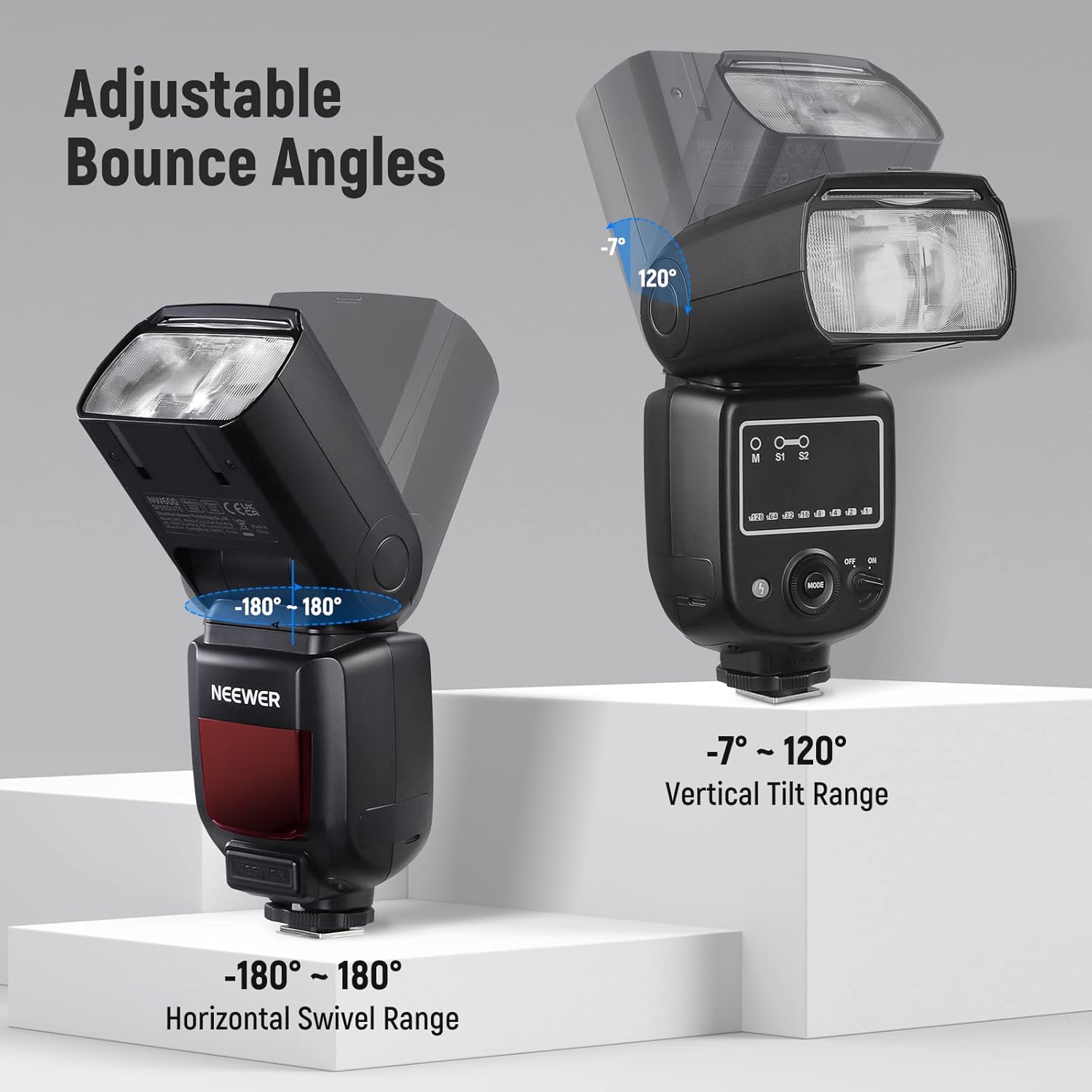 Diagram showing horizontal and vertical bounce angles of the flash head