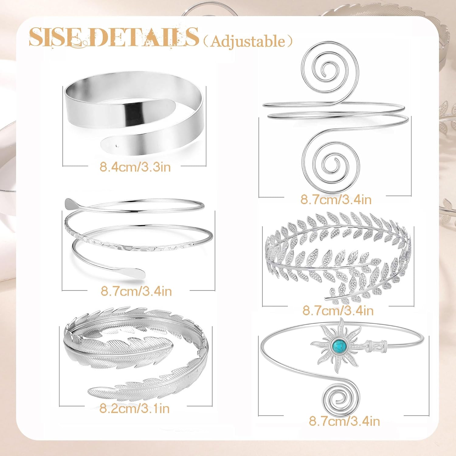 PLOMFOV 6 Pcs Arm Cuff Jewelry for Women Gold Upper Arm Bands Bangle Silver Arm Cuffs Bracelet Adjustable Armlet Set - Image 7