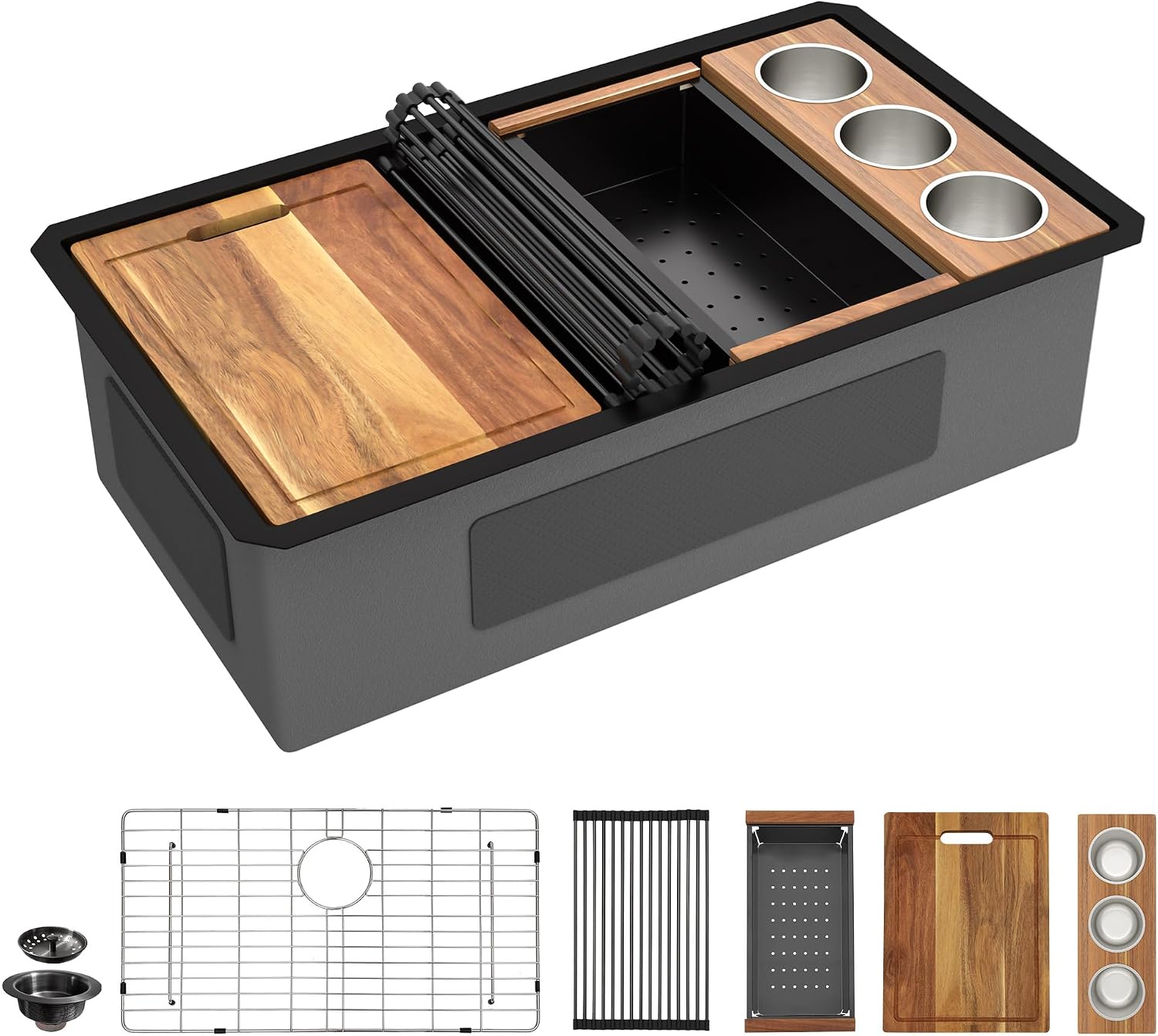 33" x 19" Undermount Matte Black Workstation Kitchen Sink | 16 Gauge T304 Stainless Steel Single Bowl Sink with Integrated Ledge, R10 Rounded Corners, Under Counter, Nano-PVD Finish