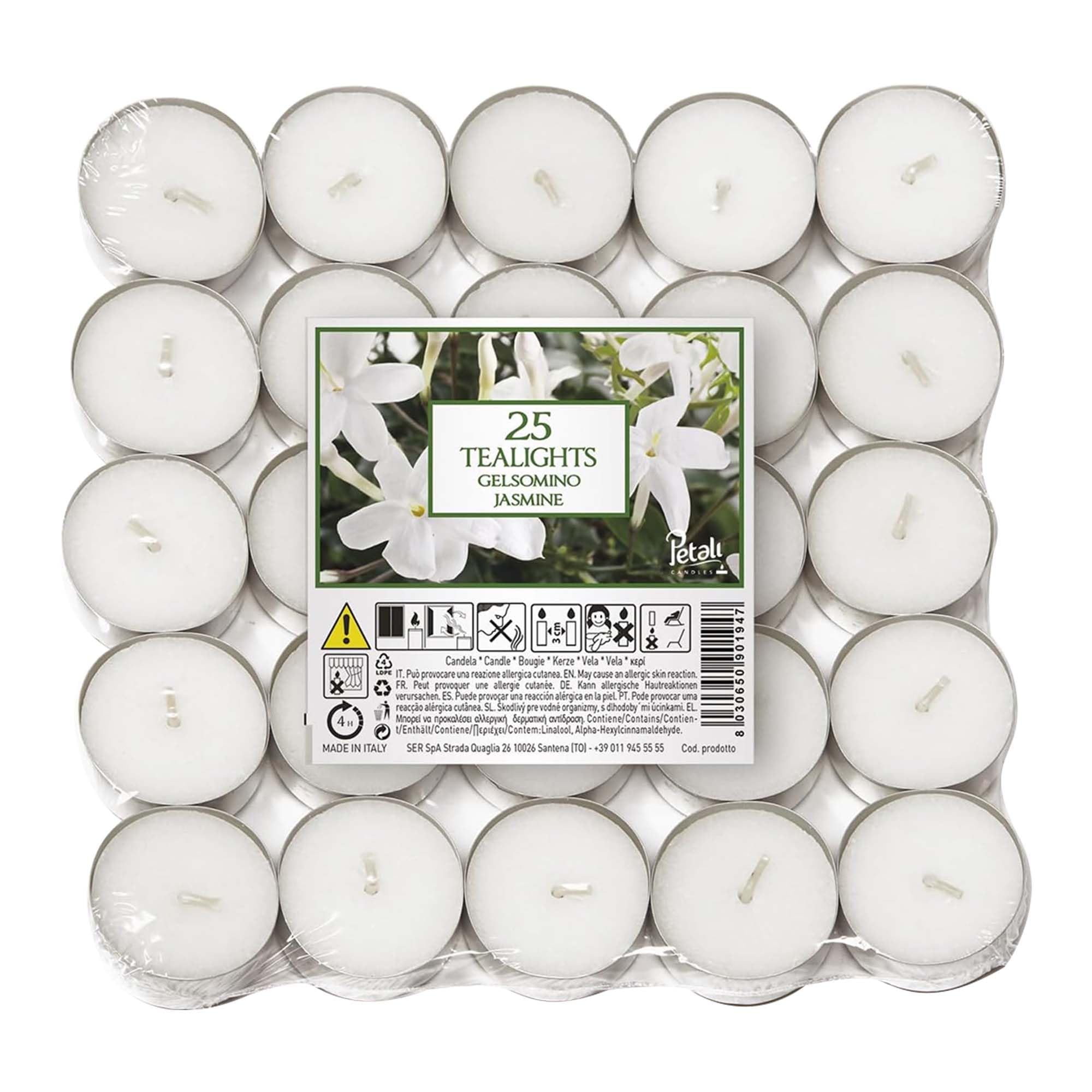 Price's Candles Petali Jasmine Scented Tealights Pack of 25 Long Burning Tea Light Candles with Floral Jasmine Fragrance for Home Décor Relaxation and Events