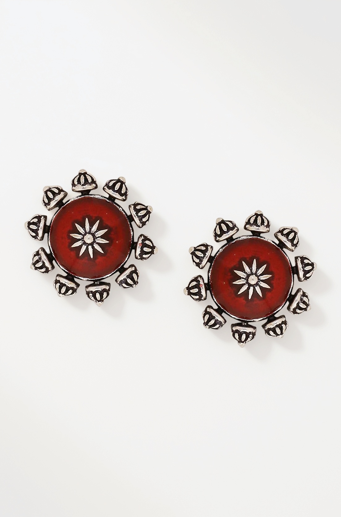 Moksha Antique Round Oxidised Earrings Brass Silver Plated Red Stone Ethnic Dailywear Traditional Festive Style Anti Tarnish Womens Day Gift For Wife Sister Girlfriend