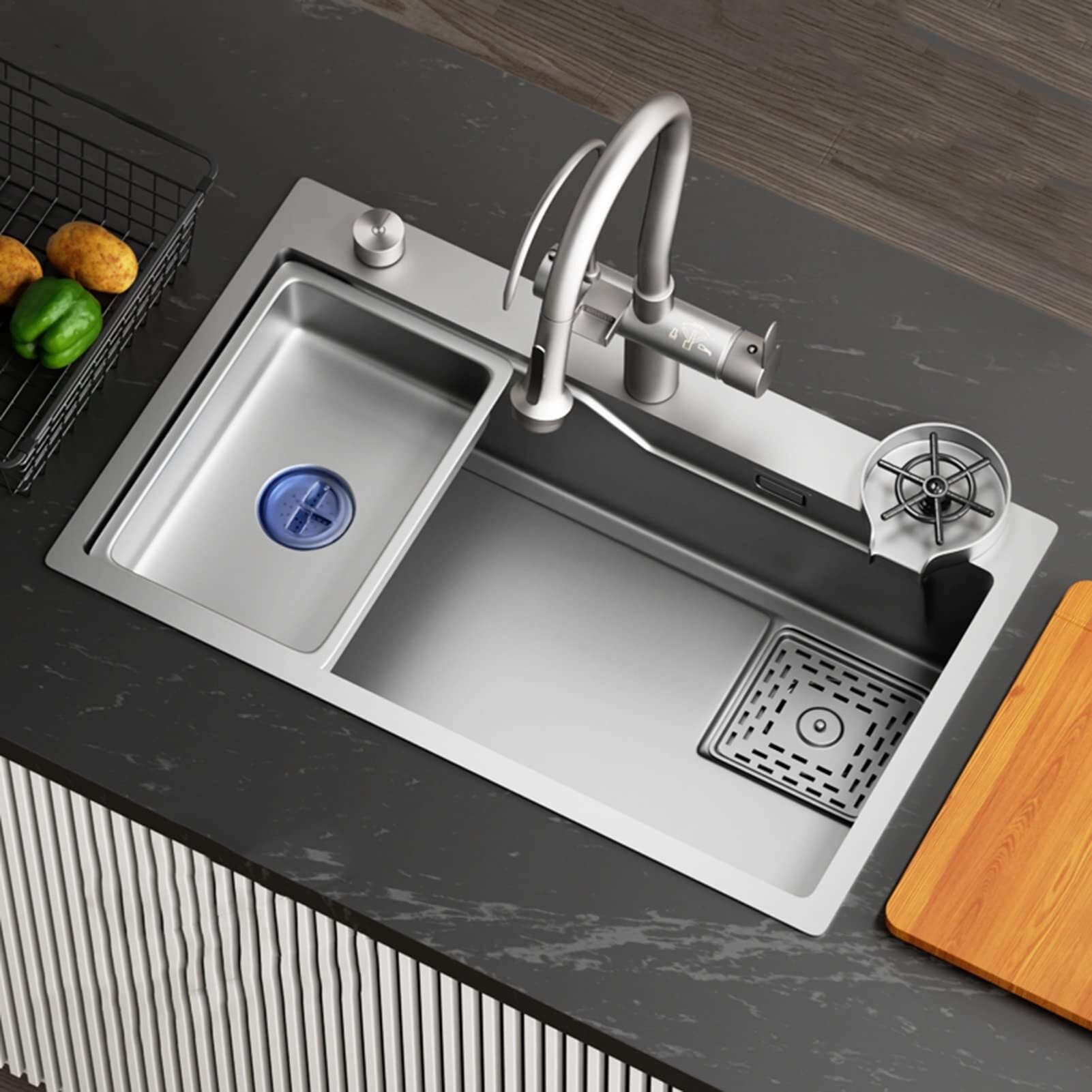 SDdPulse Handmade Stainless Steel Kitchen Sink with Tap for Yard and Office - Single Bowl Built-in Sink with Grid and Strainer, Gray-80x45cm
